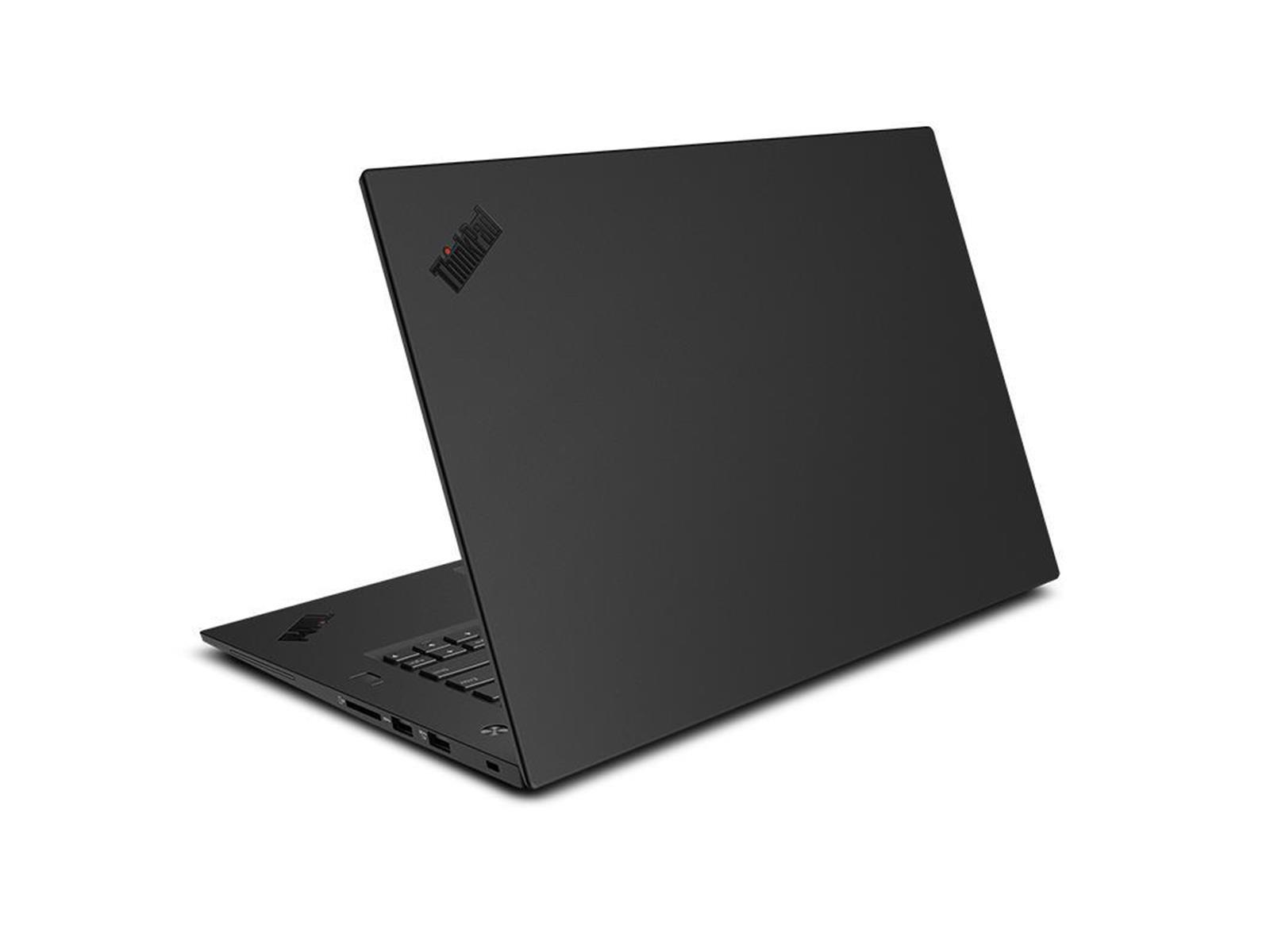 Ein schwarzer ThinkPad-Laptop ist auf einer weißen Oberfläche geöffnet. Der Bildschirm ist abgewandt. Das ThinkPad-Logo ist sichtbar.