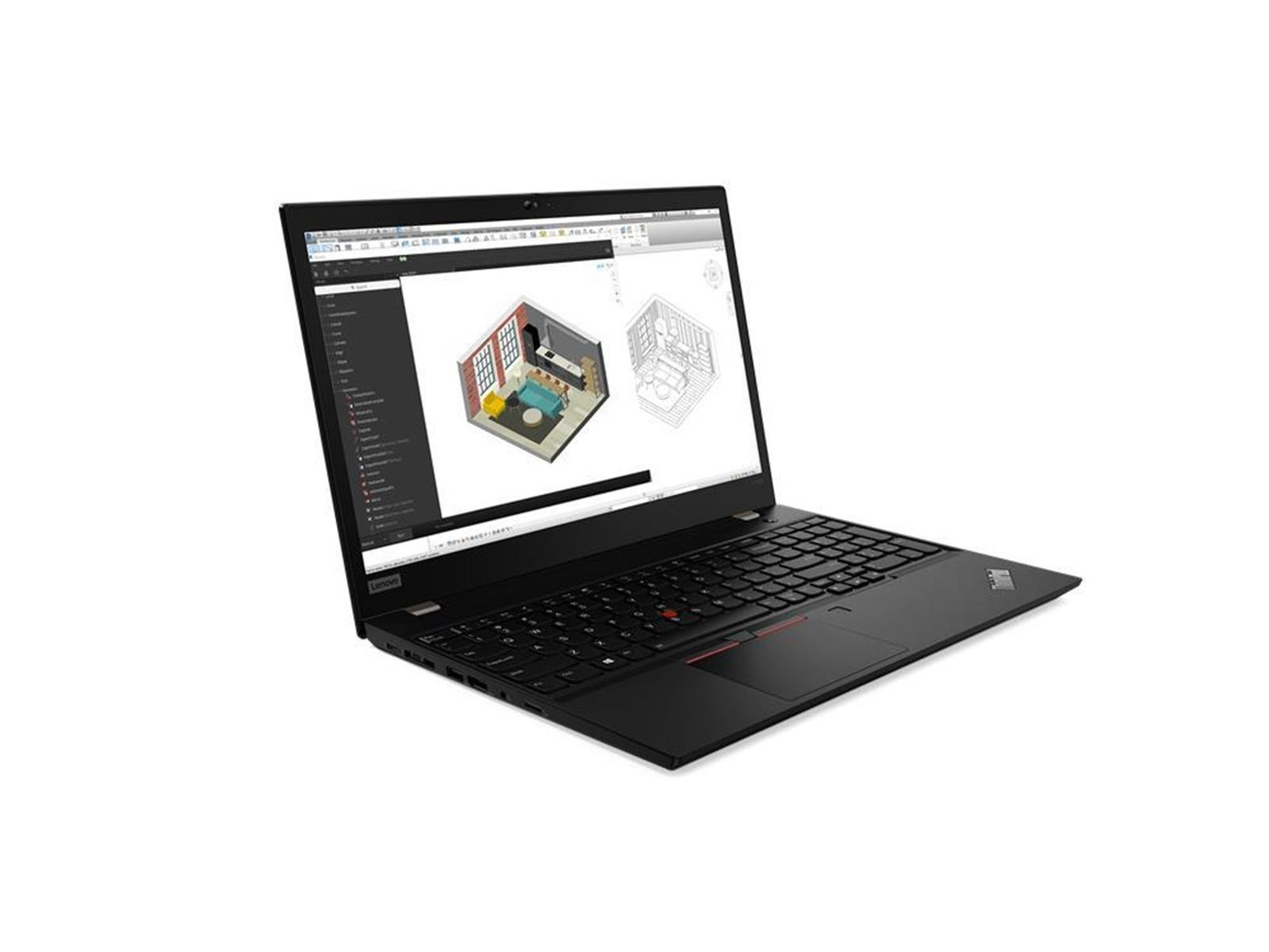 Ein schwarzer Lenovo-Laptop zeigt einen 3D-Innenraum. Der Bildschirm zeigt ein Raummodell. Der Laptop steht vor weißem Hintergrund.