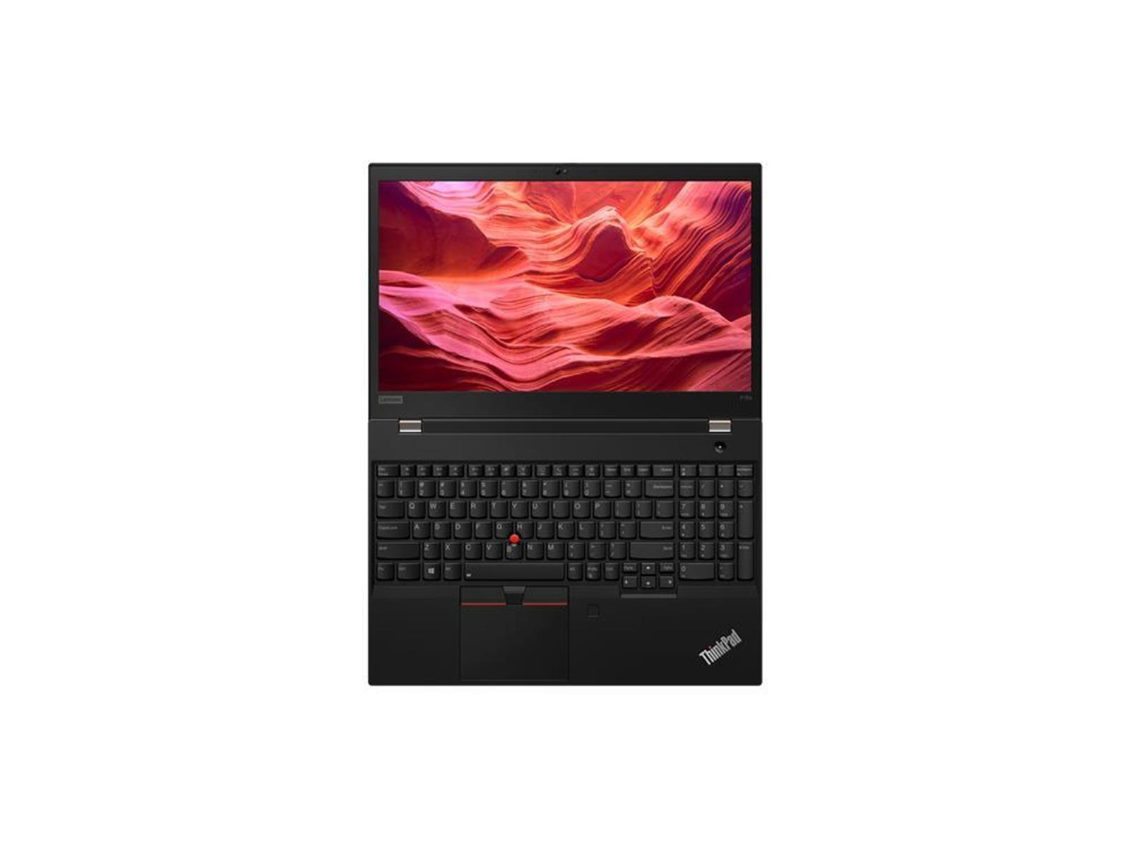 Schwarzes ThinkPad-Laptop auf weißem Hintergrund geöffnet. Bildschirm zeigt rote Felsformation. Tastatur ist sichtbar. ThinkPad-Logo unten.
