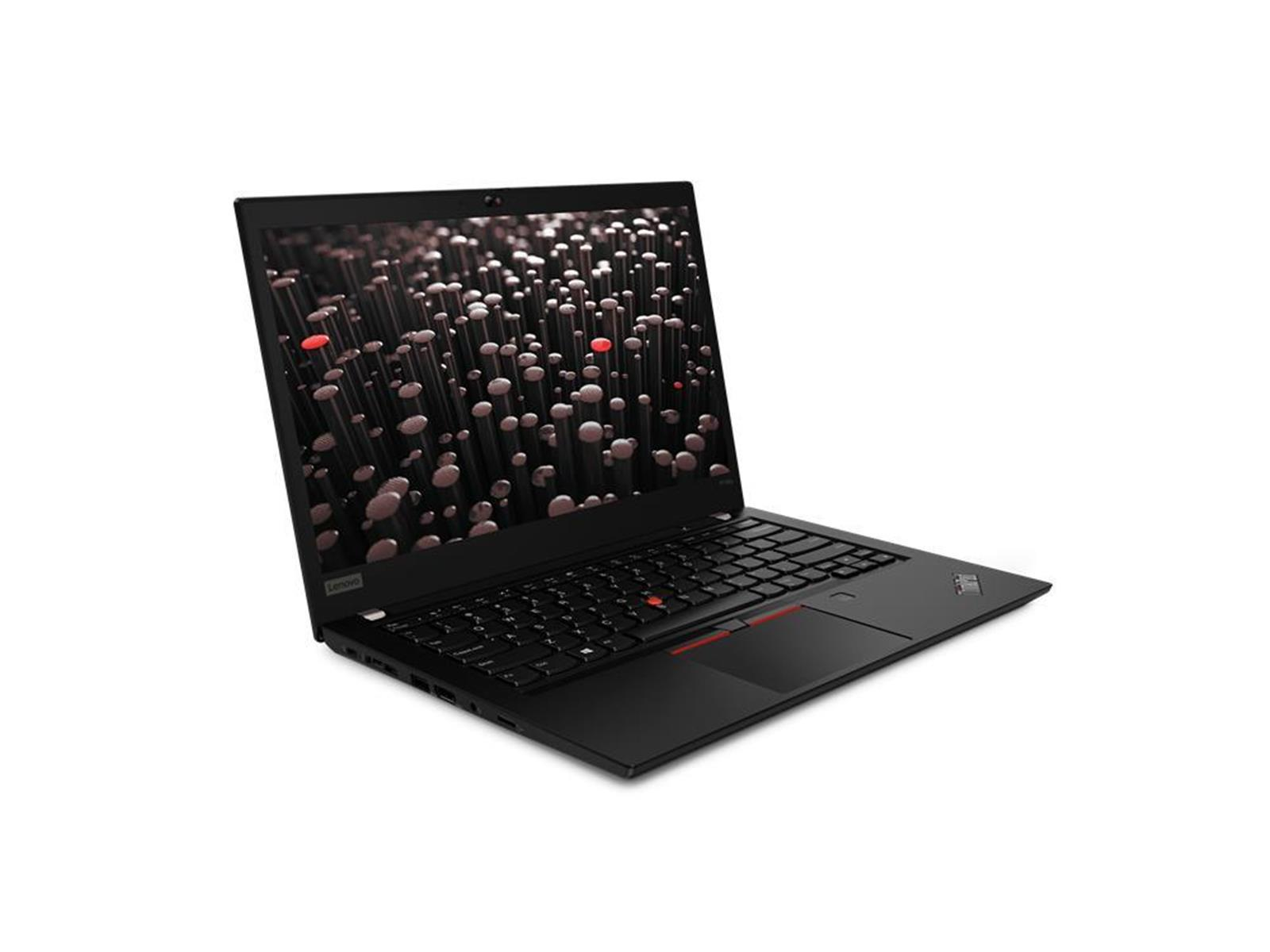 Schwarzer Lenovo-Laptop auf weißem Hintergrund. Bildschirm zeigt dunkles Muster. Tastatur und Touchpad sichtbar. Lenovo-Logo an der Seite.