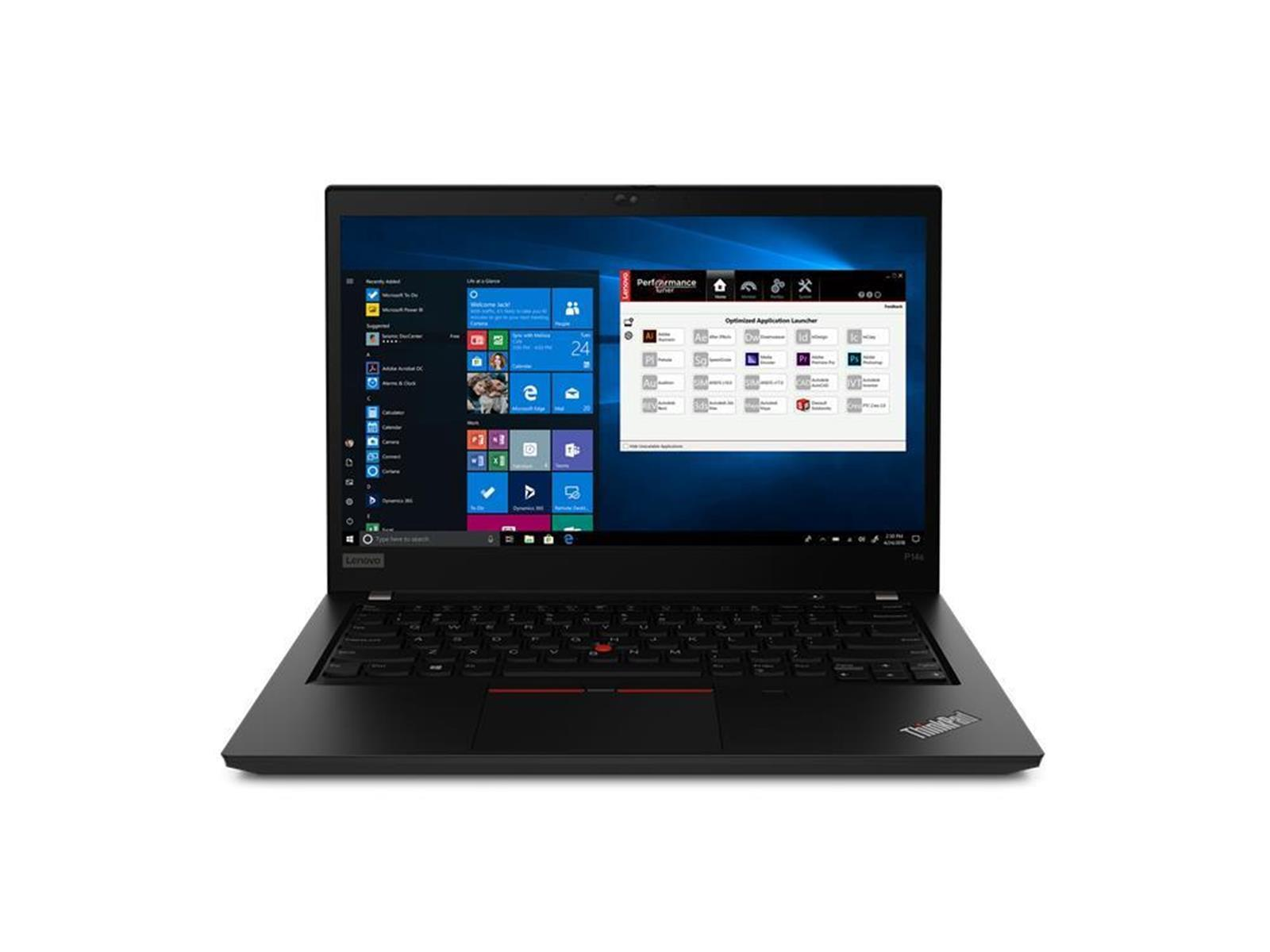 Ein schwarzer Lenovo-Laptop ist geöffnet und zeigt die Windows-Oberfläche und einen Application Launcher.
