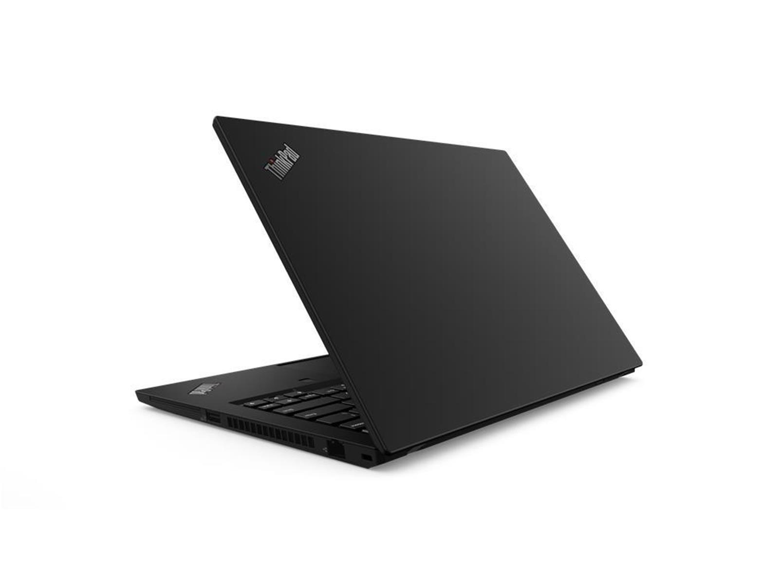 Schwarzes ThinkPad-Laptop, teilweise geöffnet. Tastatur sichtbar. Deckel in einem Winkel geöffnet, ThinkPad-Logo.