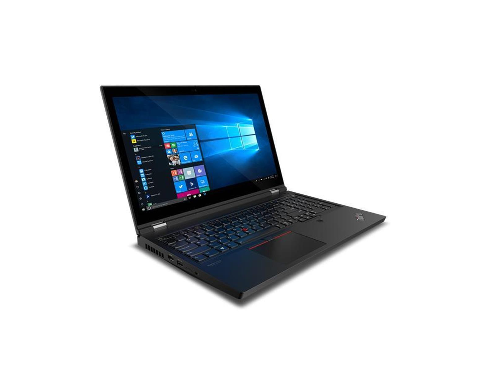 Schwarzer Lenovo Laptop auf weißem Hintergrund. Der Bildschirm zeigt den Windows-Desktop. Tastatur und Touchpad sind sichtbar.
