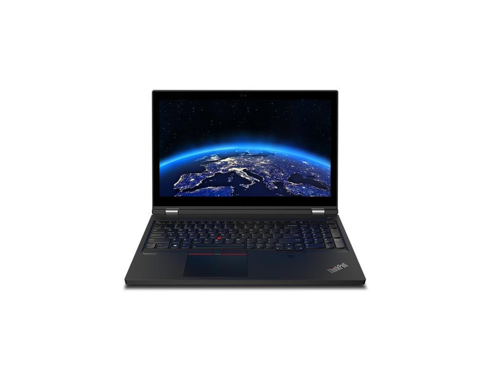 Ein schwarzer ThinkPad-Laptop ist auf einer weißen Oberfläche geöffnet. Der Bildschirm zeigt eine nächtliche Ansicht der Erde aus dem Weltraum.