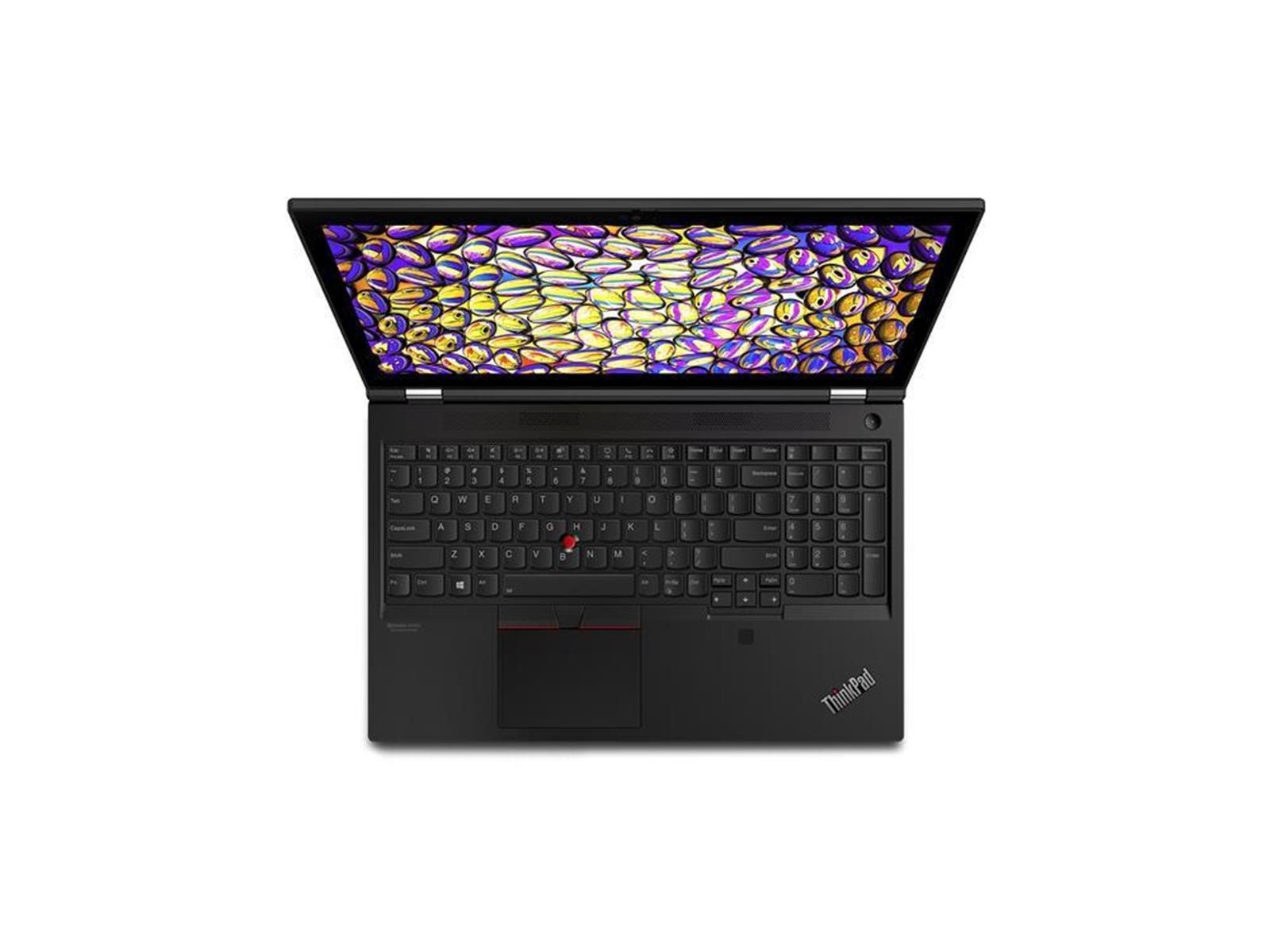 Schwarzer ThinkPad-Laptop auf weißem Hintergrund. Der Bildschirm ist geöffnet und zeigt ein farbenfrohes Muster. Tastatur sichtbar.