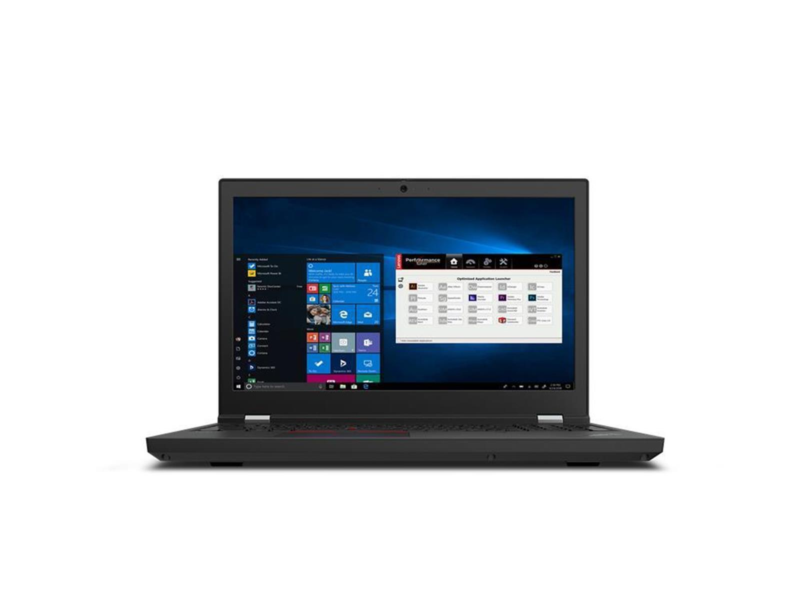 Ein schwarzer Lenovo-Laptop ist geöffnet und zeigt eine Windows-Oberfläche an. Der Bildschirm zeigt App-Symbole und ein Leistungsüberwachungstool.