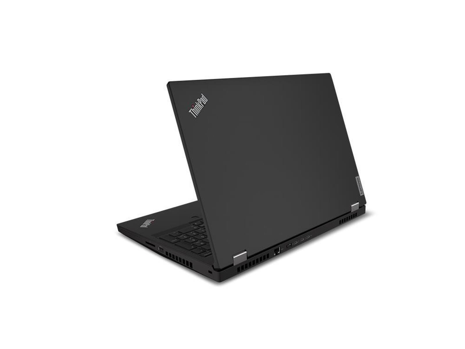 Ein schwarzer Lenovo ThinkPad-Laptop ist auf einer weißen Oberfläche angewinkelt geöffnet. Der Bildschirm ist geöffnet und zeigt eine Tastatur und ein Touchpad.
