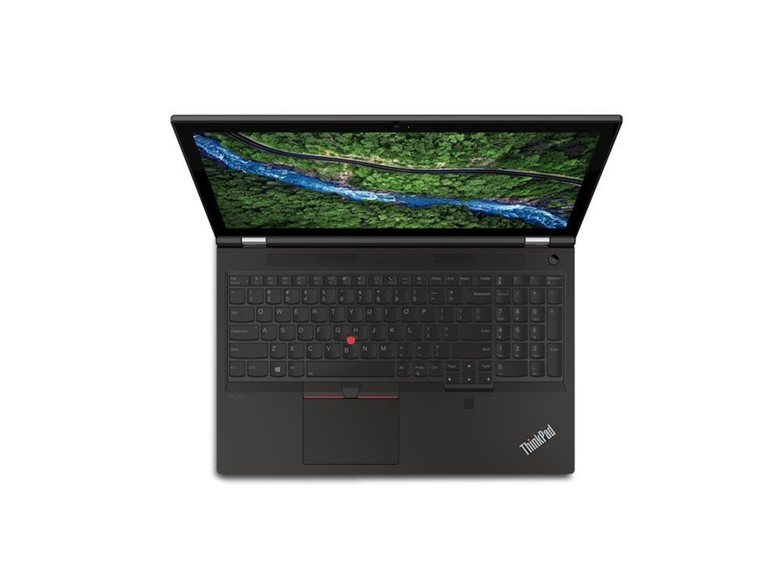 Ein schwarzes ThinkPad-Laptop ist geöffnet und zeigt eine Flussszene auf dem Bildschirm. Die Tastatur ist sichtbar, der Deckel ist angewinkelt geöffnet.