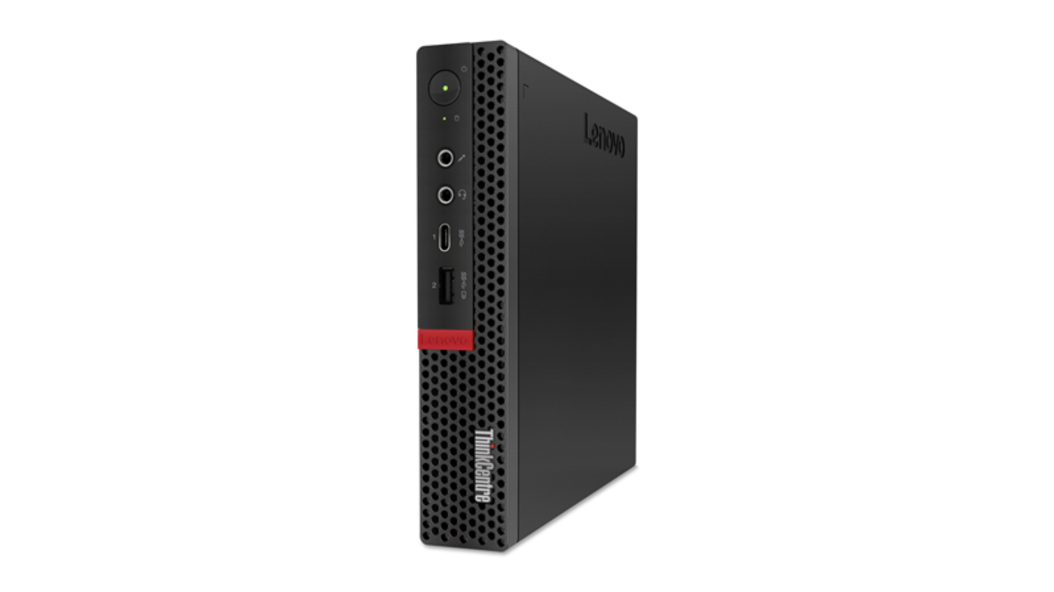 Ein schwarzer Lenovo ThinkCentre Desktop-Computer. Er hat einen roten Streifen, Anschlüsse und das Lenovo-Logo. Der Hintergrund ist weiß.