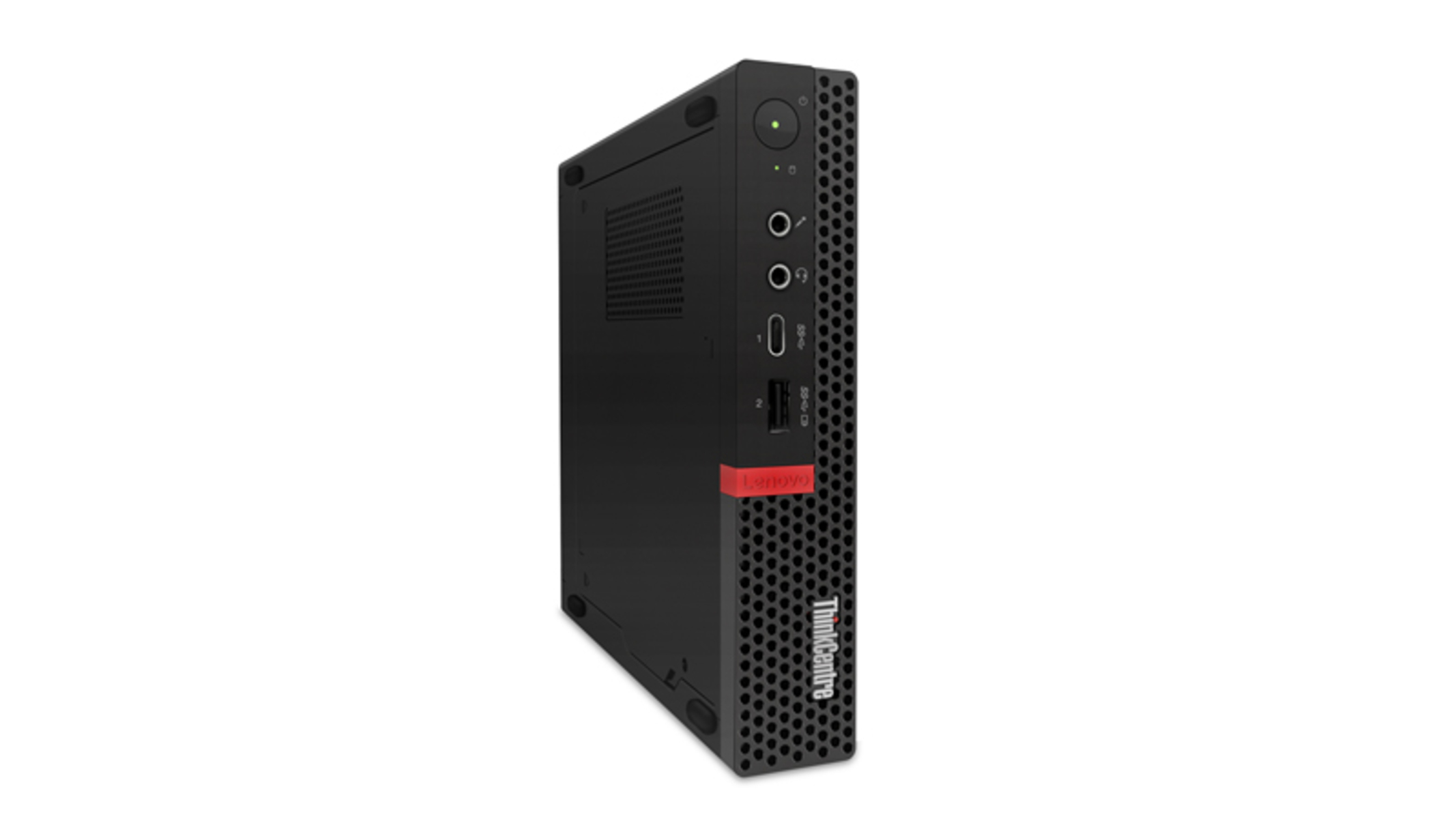 Ein schwarzer Lenovo ThinkCentre Desktop-Computer. Er hat Anschlüsse an der Vorderseite, ein rotes Lenovo-Band und ein ThinkCentre-Logo.