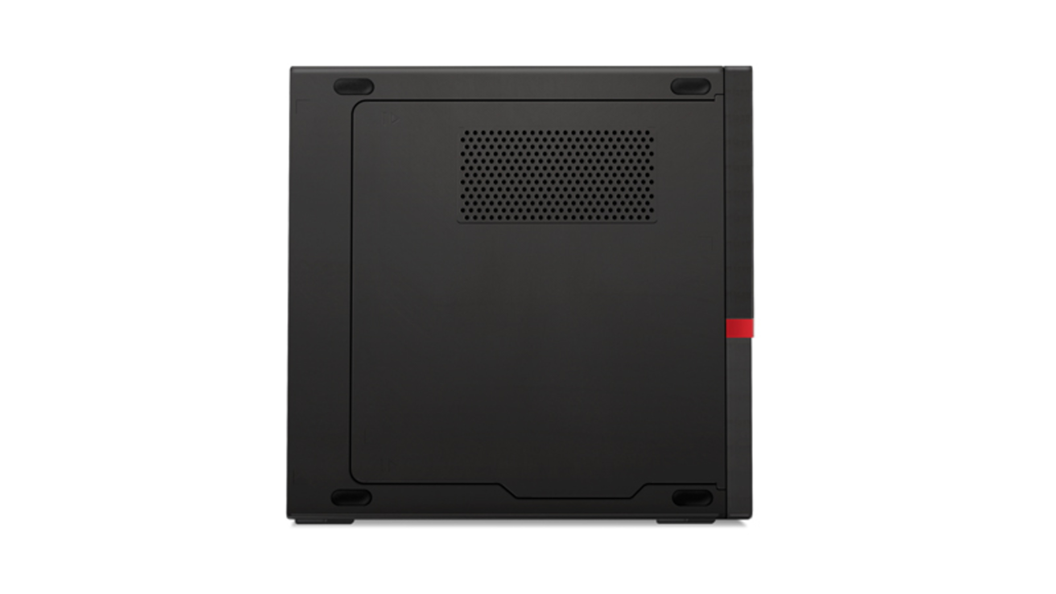Schwarzes Lenovo-Computergehäuse mit rotem Streifen und Entlüftung. Gummifüße sind vorhanden.