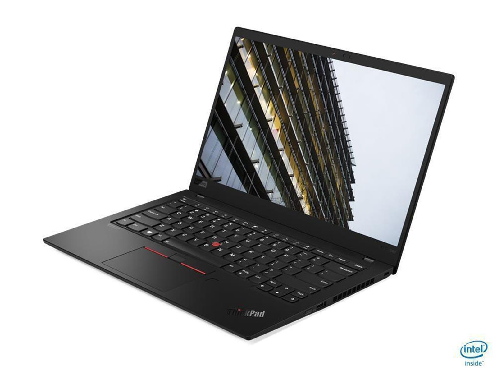 Ein schwarzes ThinkPad-Laptop ist auf einer weißen Oberfläche geöffnet. Der Bildschirm zeigt ein Gebäude. Tastatur und Trackpad sind sichtbar.