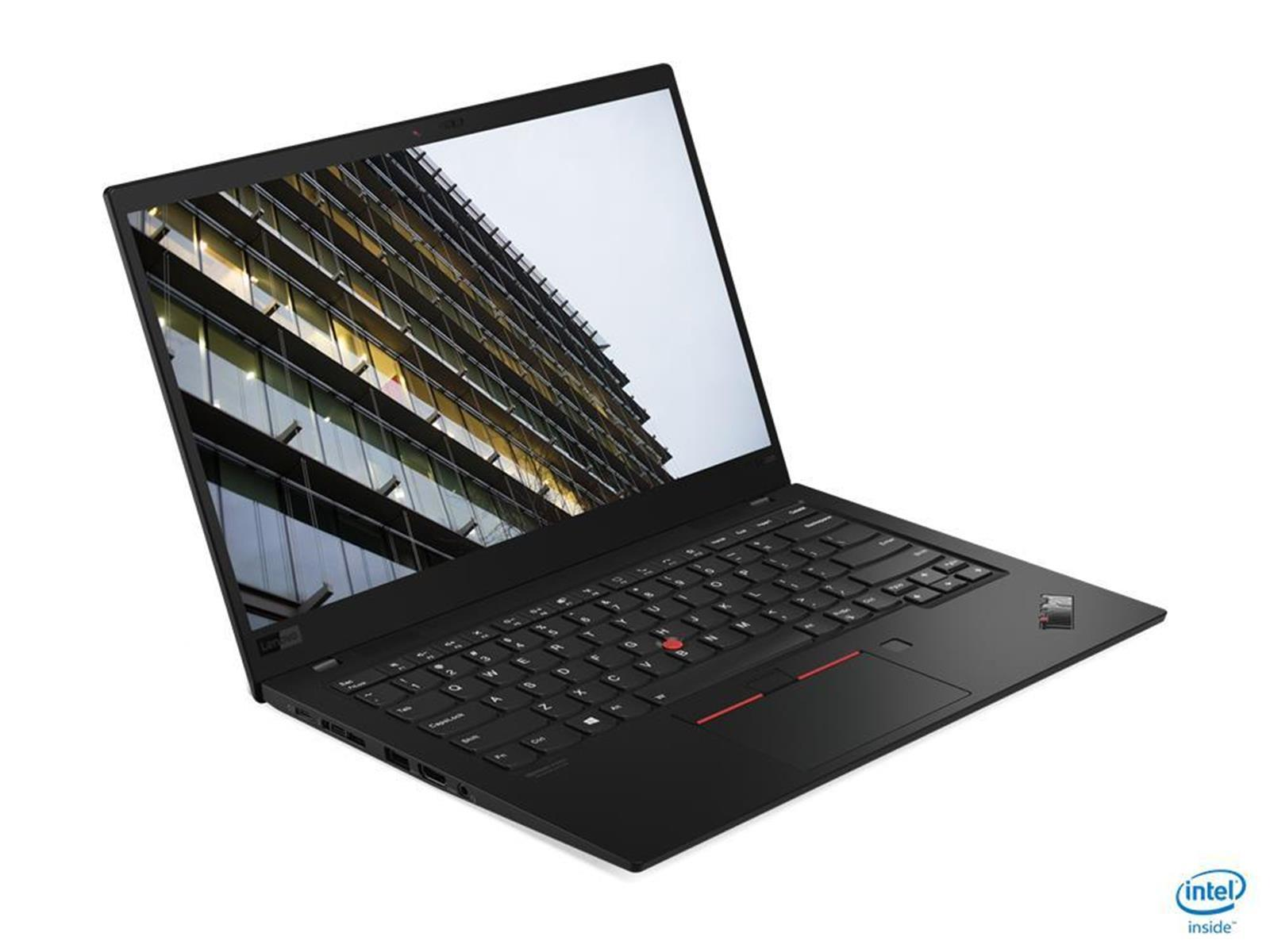 Schwarzer Laptop mit Gebäude auf dem Bildschirm. Der Laptop hat eine schwarze Tastatur und einen roten Trackpoint. Weißer Hintergrund.