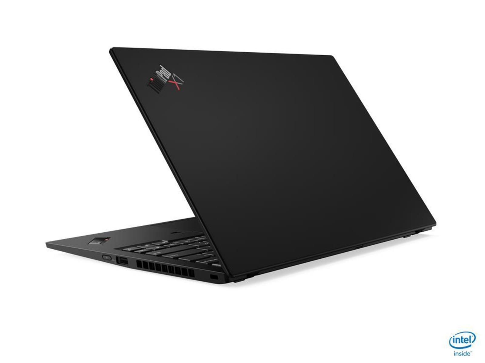 Ein schwarzes Lenovo ThinkPad X1 Laptop ist leicht geöffnet. Das Intel inside Logo ist unten rechts sichtbar.