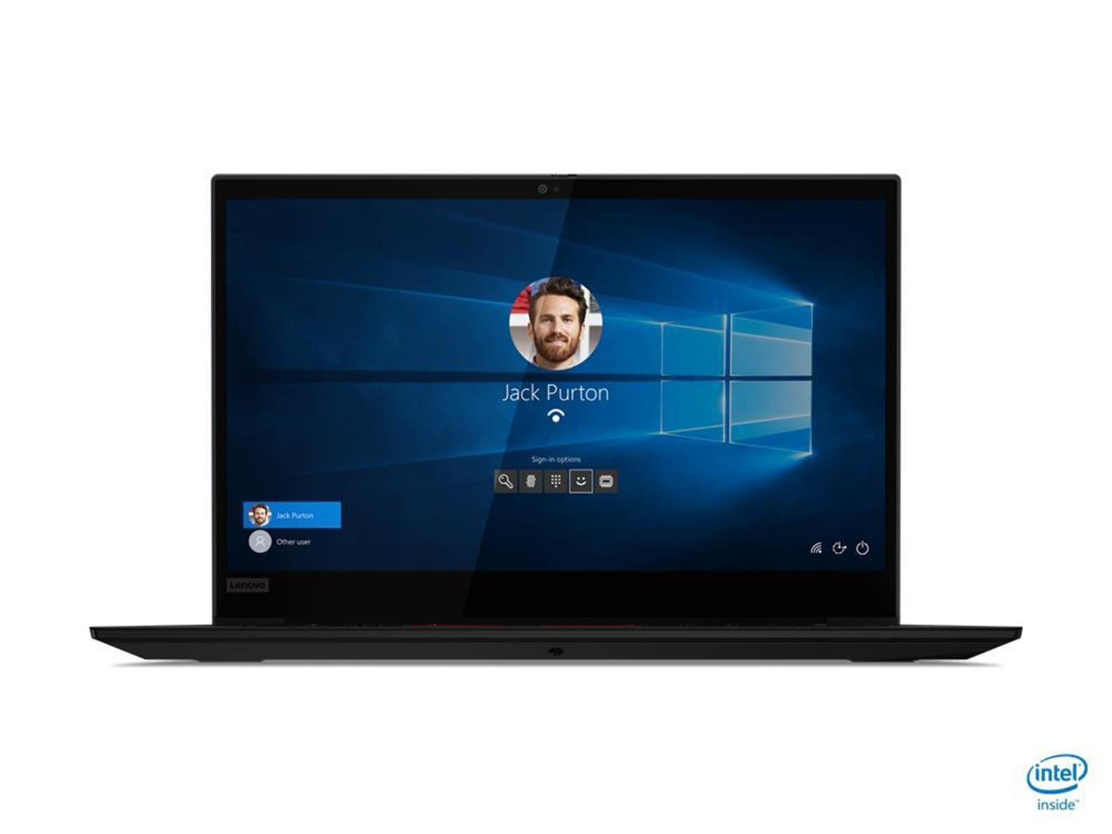 Ein schwarzer Lenovo-Laptop mit einem Windows-Anmeldebildschirm mit dem Namen Jack Purton. Intel Inside Logo sichtbar.