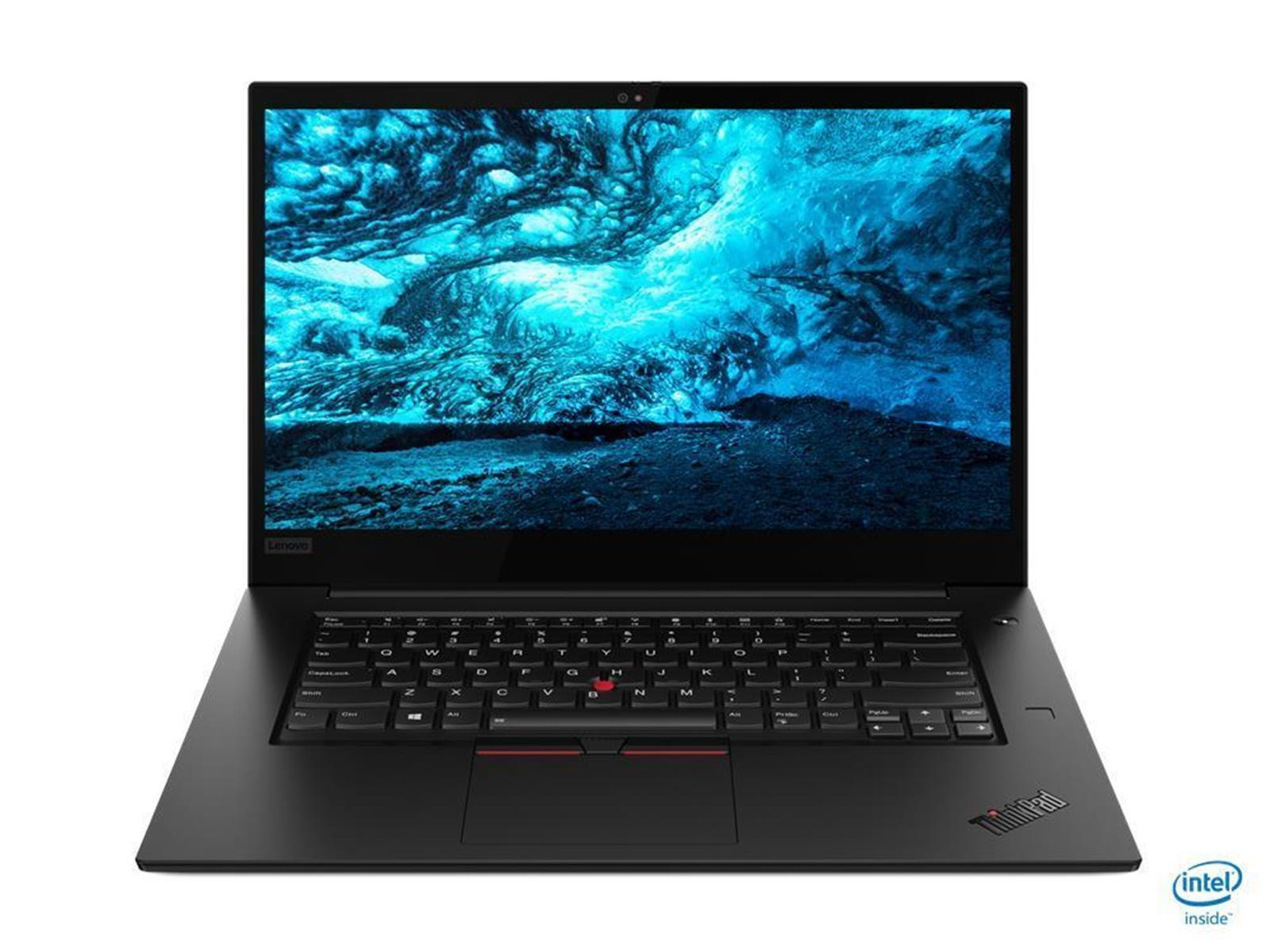 Schwarzes Lenovo ThinkPad Laptop. Bildschirm zeigt blaues abstraktes Bild. Tastatur sichtbar, ThinkPad-Logo unten rechts.