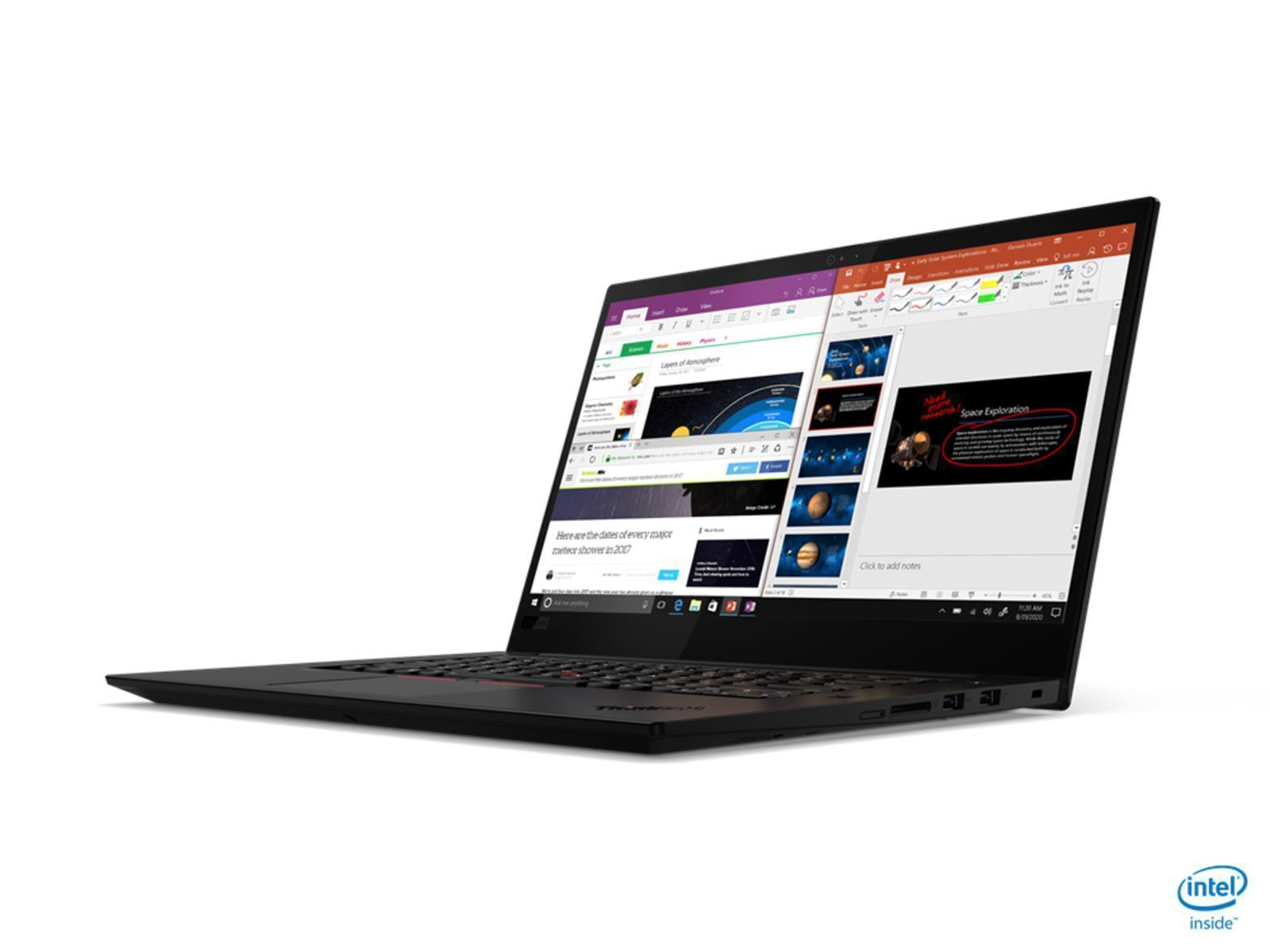 Schwarzer Laptop, der eine Präsentation über Weltraumforschung anzeigt. Der Bildschirm zeigt Folien mit Bildern und Text. Das Intel-Logo ist unten.