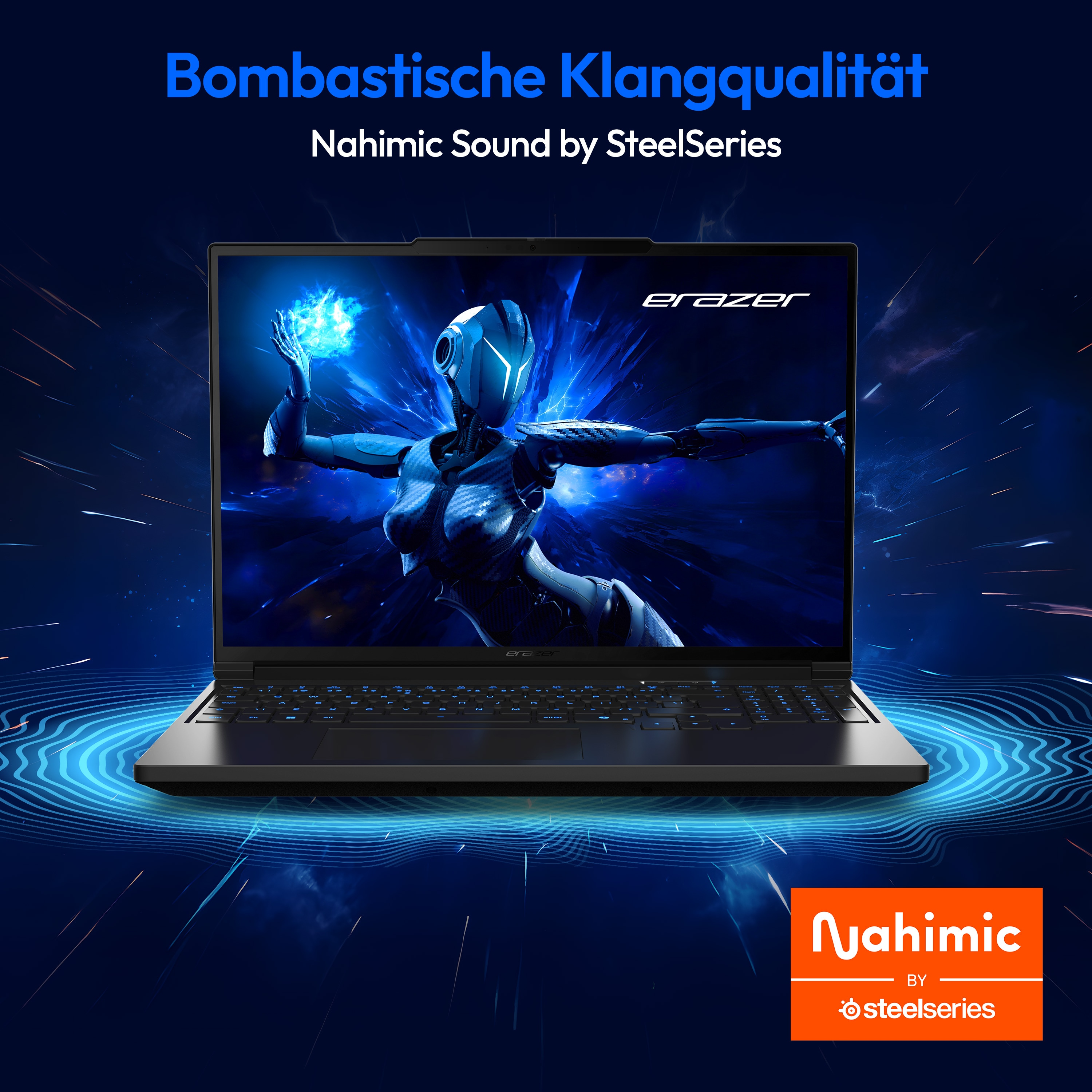 Laptop mit futuristischem Design, Bildschirm zeigt Android. Branding: Nahimic by SteelSeries.