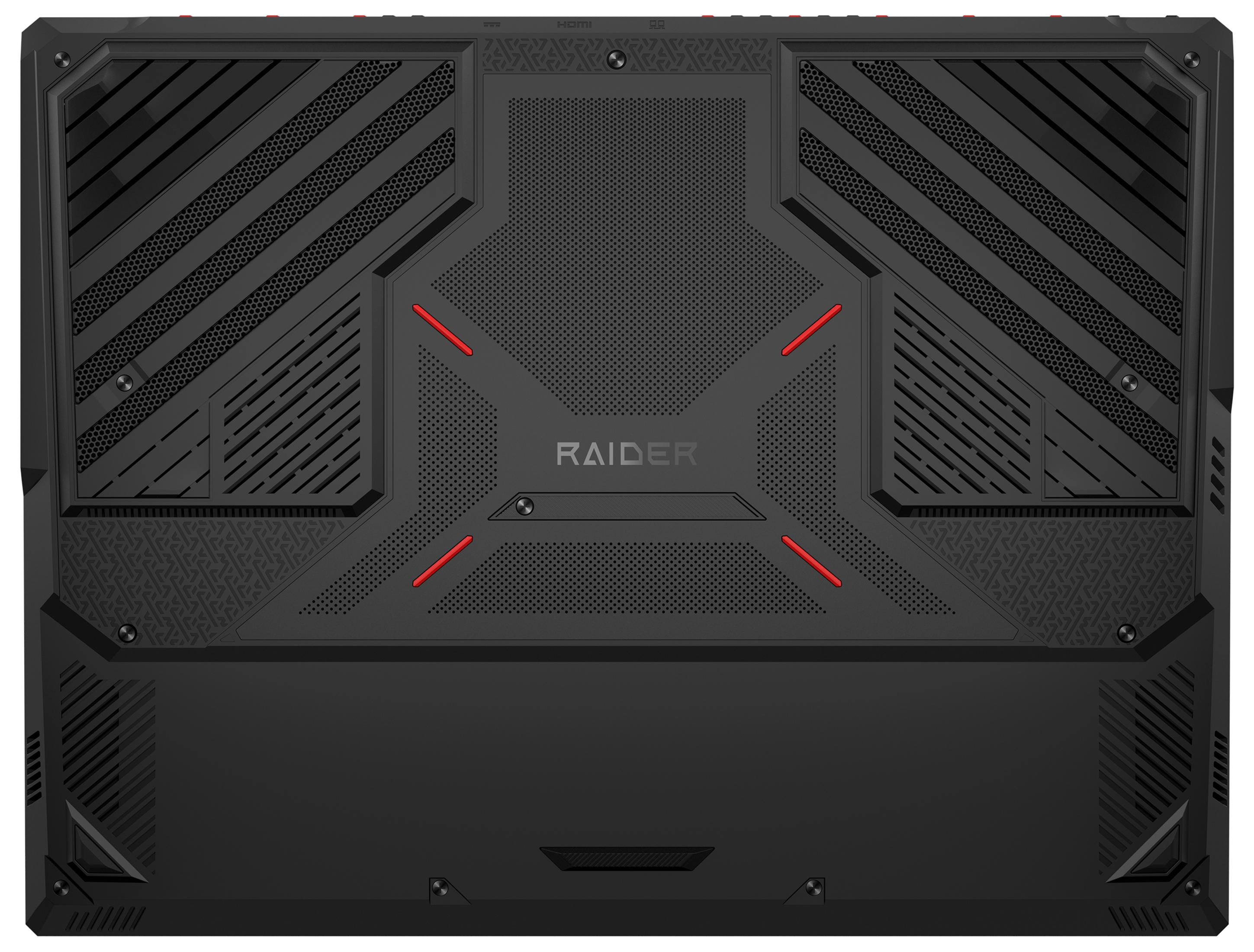 Schwarze Laptop-Rückseite mit roten Akzenten. Sie hat ein strukturiertes Design, Belüftung und das Wort RAIDER. Es hat auch HDMI-Anschlüsse.