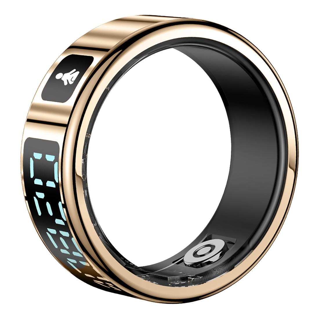 Un anello intelligente con esterno dorato e interno nero. Ha un display con numeri e icone. L'anello è su sfondo bianco.