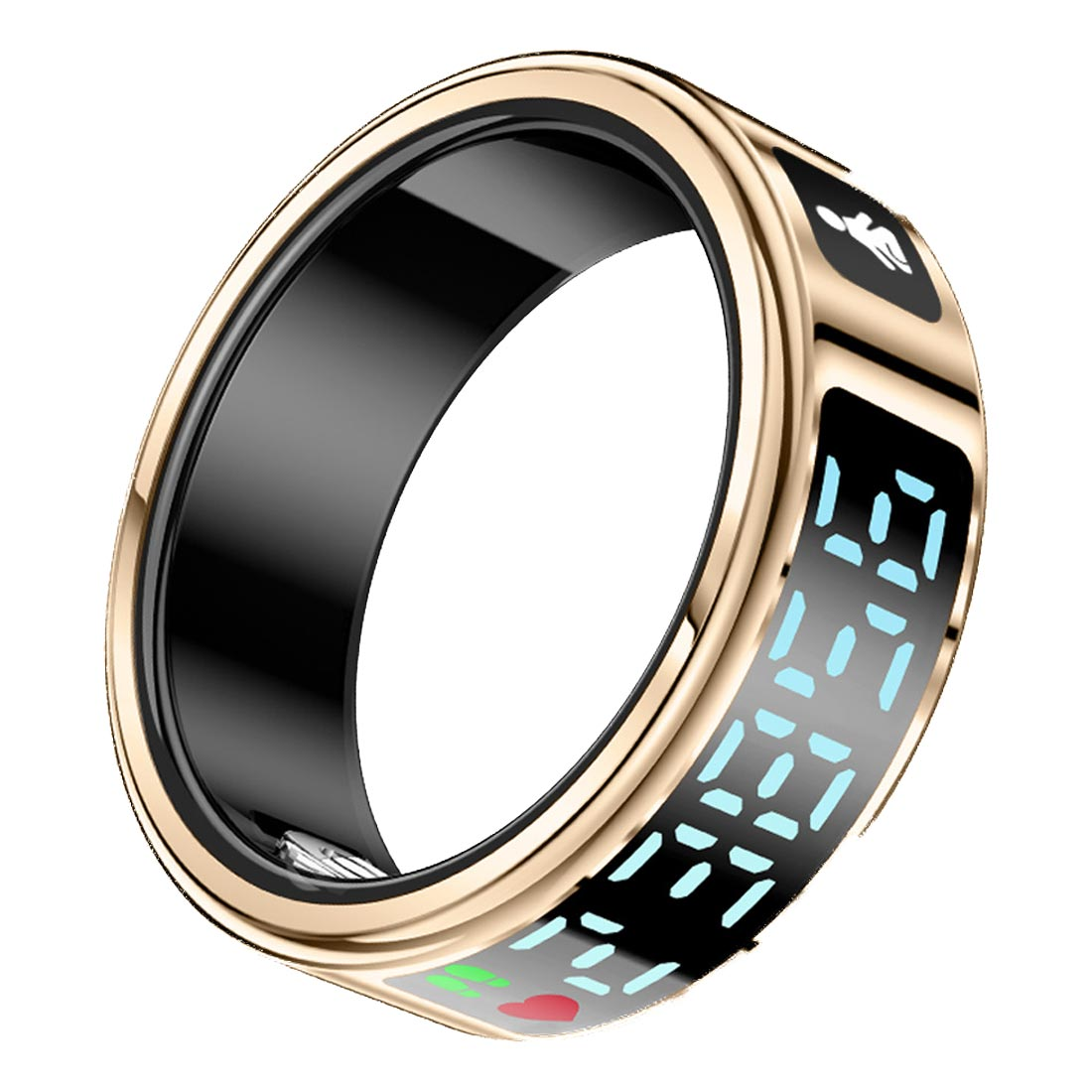Un anello intelligente con una fascia interna nera, una fascia esterna dorata e un display che mostra numeri e icone. L'anello è su sfondo bianco.