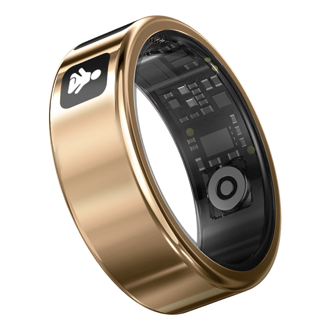 Un anello smart dorato con interno nero. Ha uno schermo e un'icona di una persona che corre. Sfondo bianco.