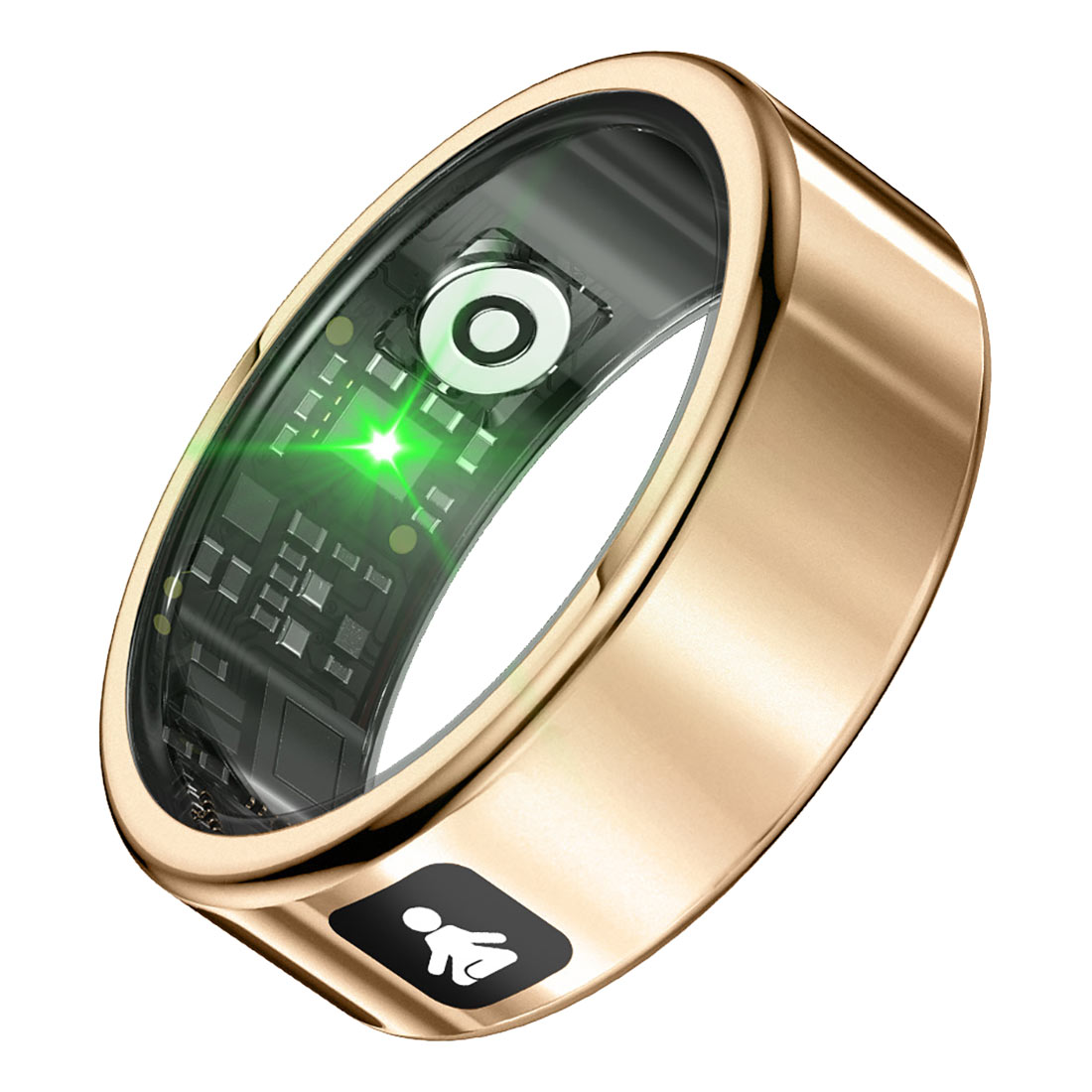 Un anello intelligente d'oro con una parte superiore trasparente che mostra circuiti interni e una luce verde. Una piccola icona nera raffigura una persona in meditazione.