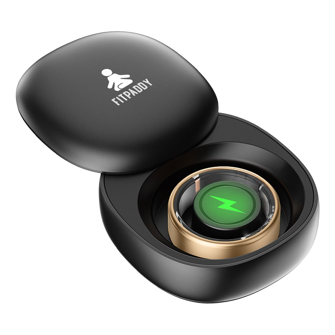 Custodia nera ovale aperta con un anello dorato all'interno. L'anello ha un centro verde con un fulmine. Il coperchio mostra il logo Fitpaddy.