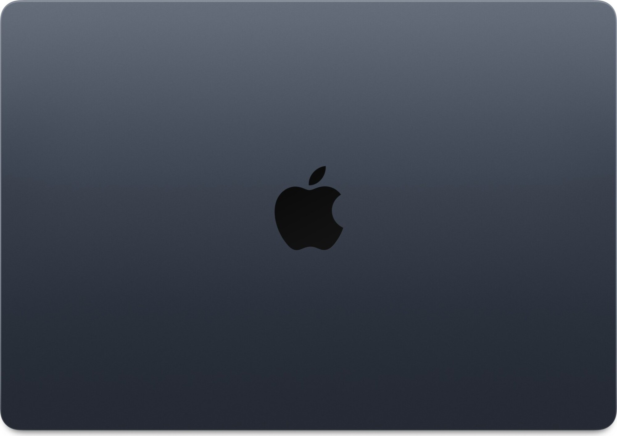 Dunkelgrauer Laptopdeckel mit schwarzem Apple-Logo in der Mitte. Der Deckel hat abgerundete Ecken.