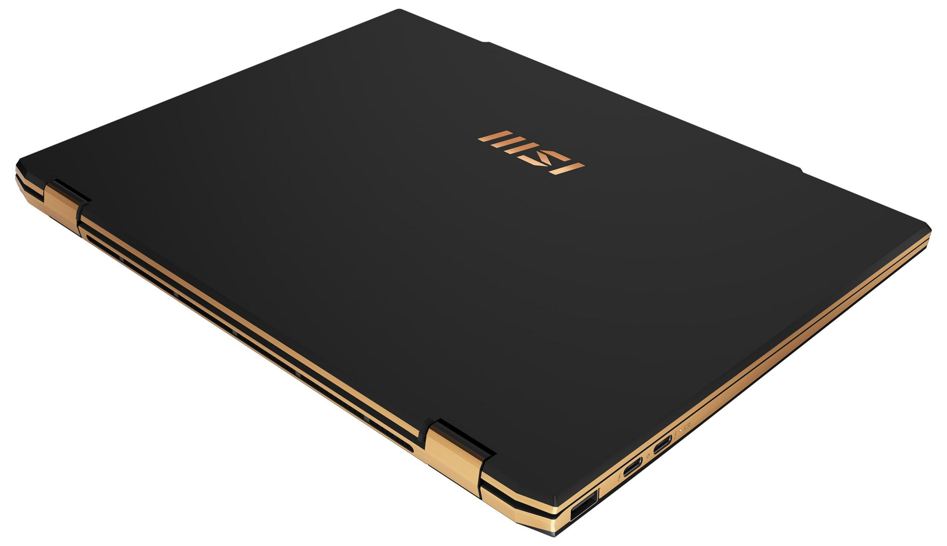 Schwarzer Laptop mit goldenen Akzenten. Das MSI-Logo ist sichtbar. Der Laptop ist geschlossen und angewinkelt.