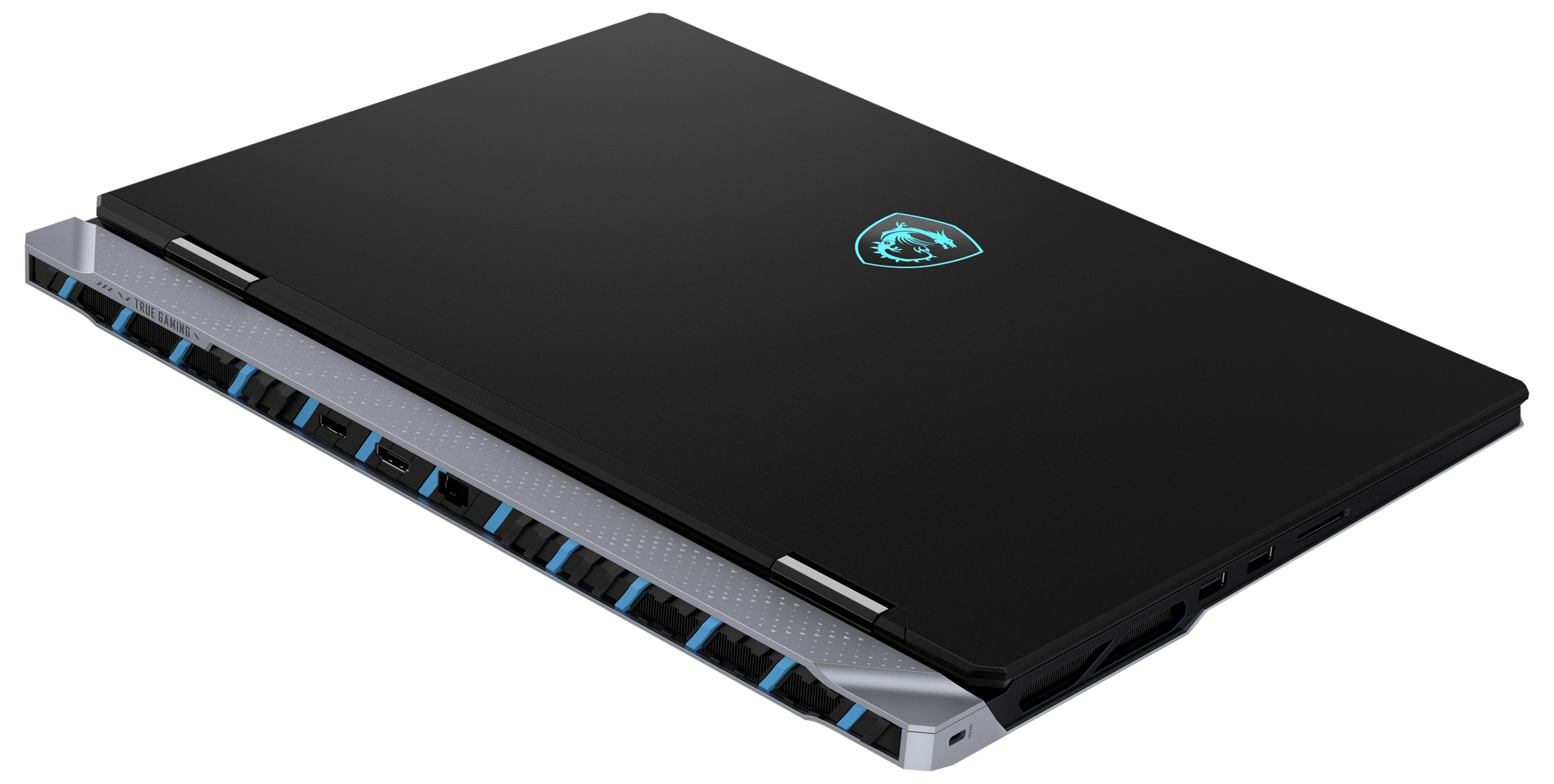 Ein schwarzer Laptop mit leuchtendem blauem Logo liegt auf weißem Grund. Der Laptop ist angewinkelt und zeigt eine silberne Basis mit blauen Akzenten.