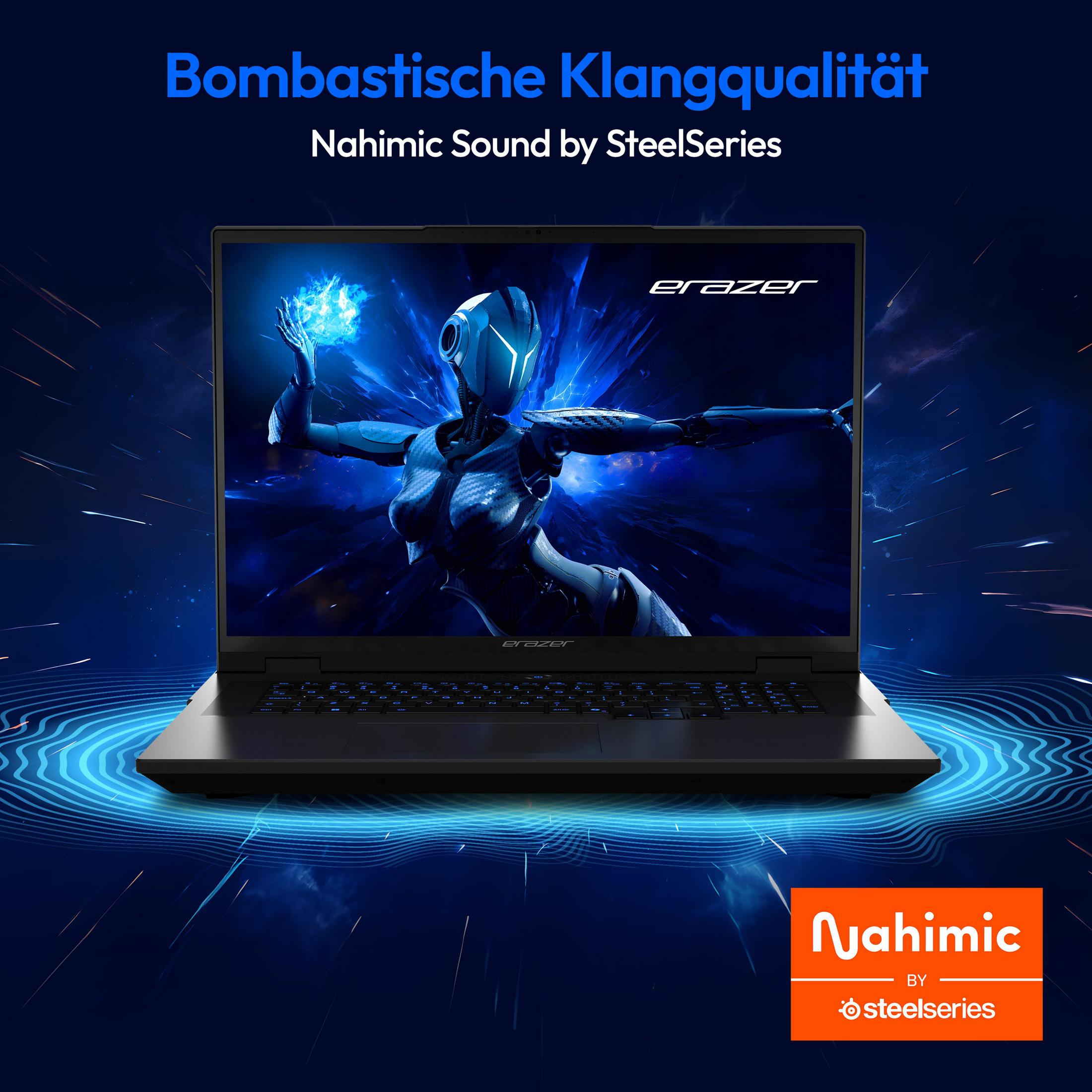 Ordinateur portable avec graphiques bleus, robot stylisé à l'écran. Texte : 'Bombastische Klangqualität' et 'Nahimic Sound by SteelSeries'.