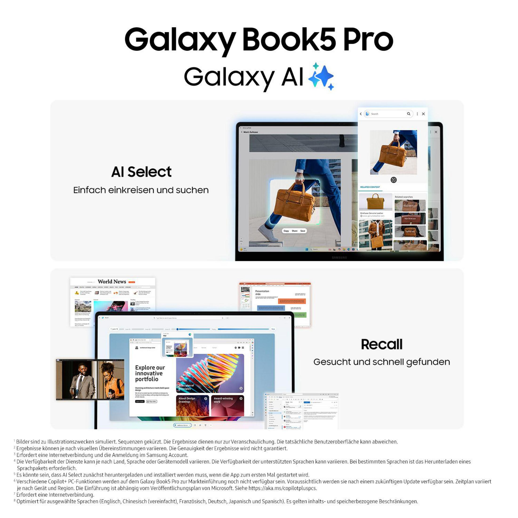 Werbebild für Galaxy Book5 Pro mit Screenshots von AI Select und anderen Funktionen.