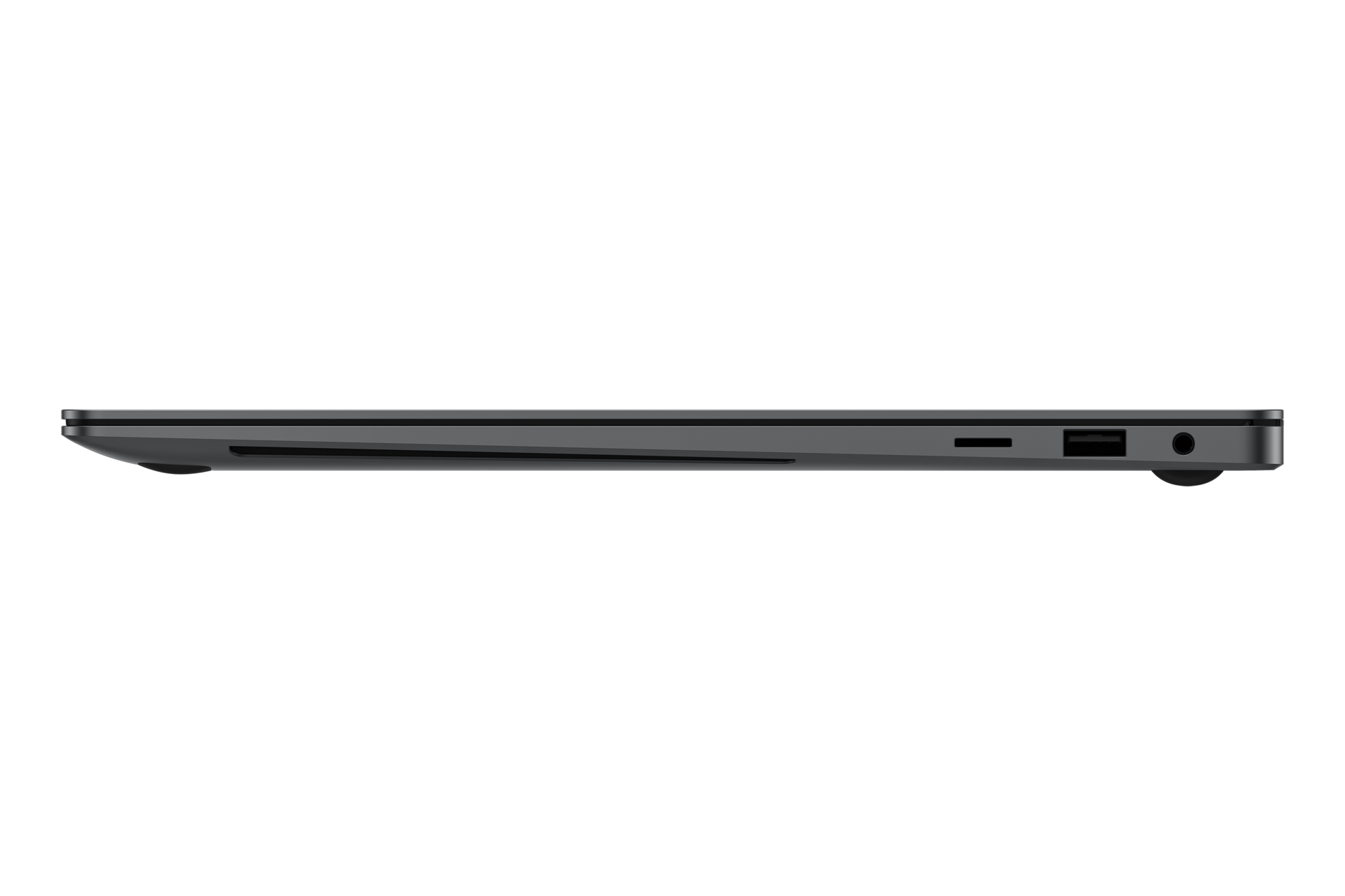 Seitenansicht eines Laptops, dunkelgrau. Zeigt Anschlüsse für SD-Karte, USB und Audio. Schwarzer Hintergrund.