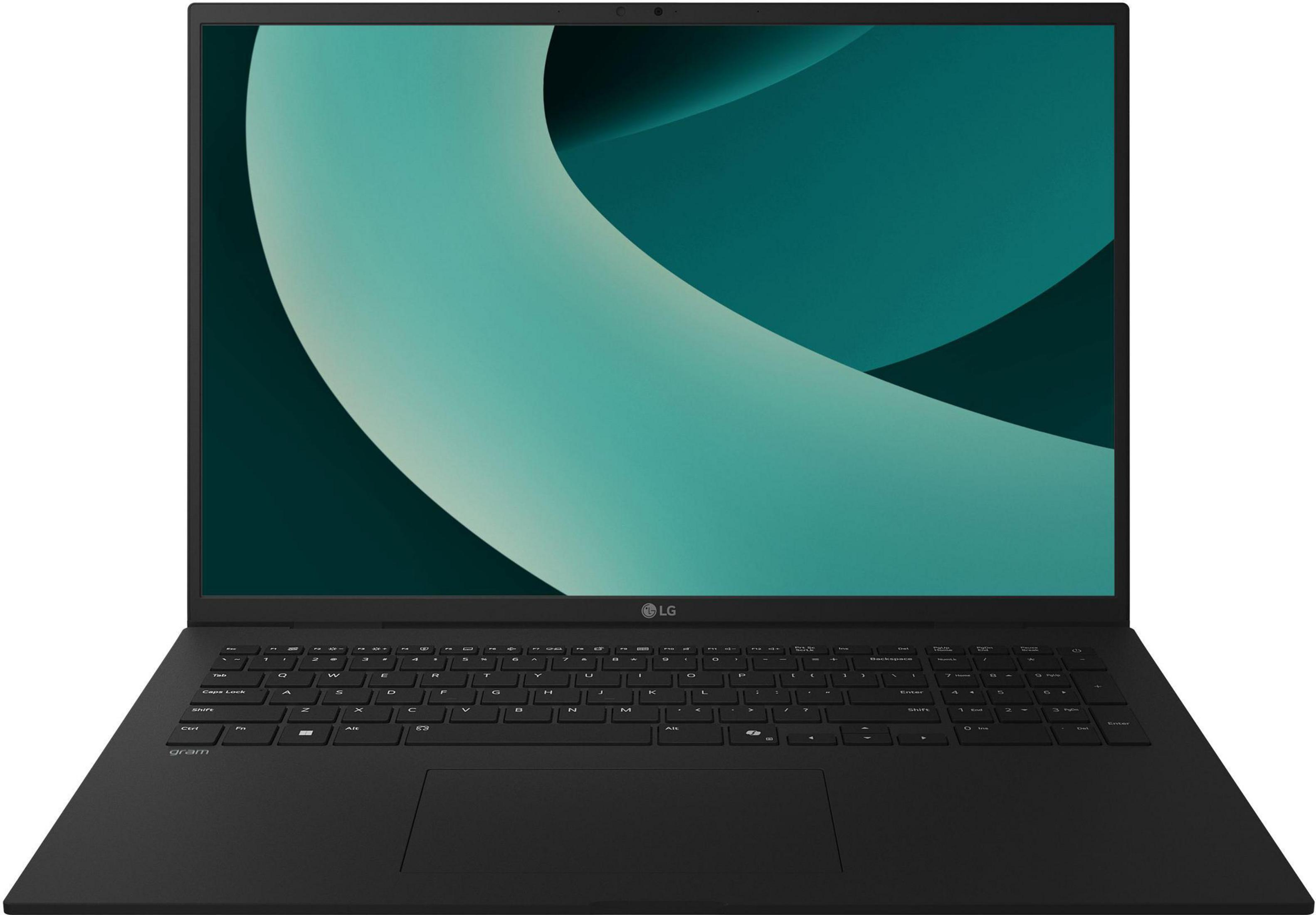 Schwarzer LG-Laptop mit Tastatur und einem Bildschirm, der abstrakte tealfarbene Formen zeigt. Der Hintergrund ist weiß.