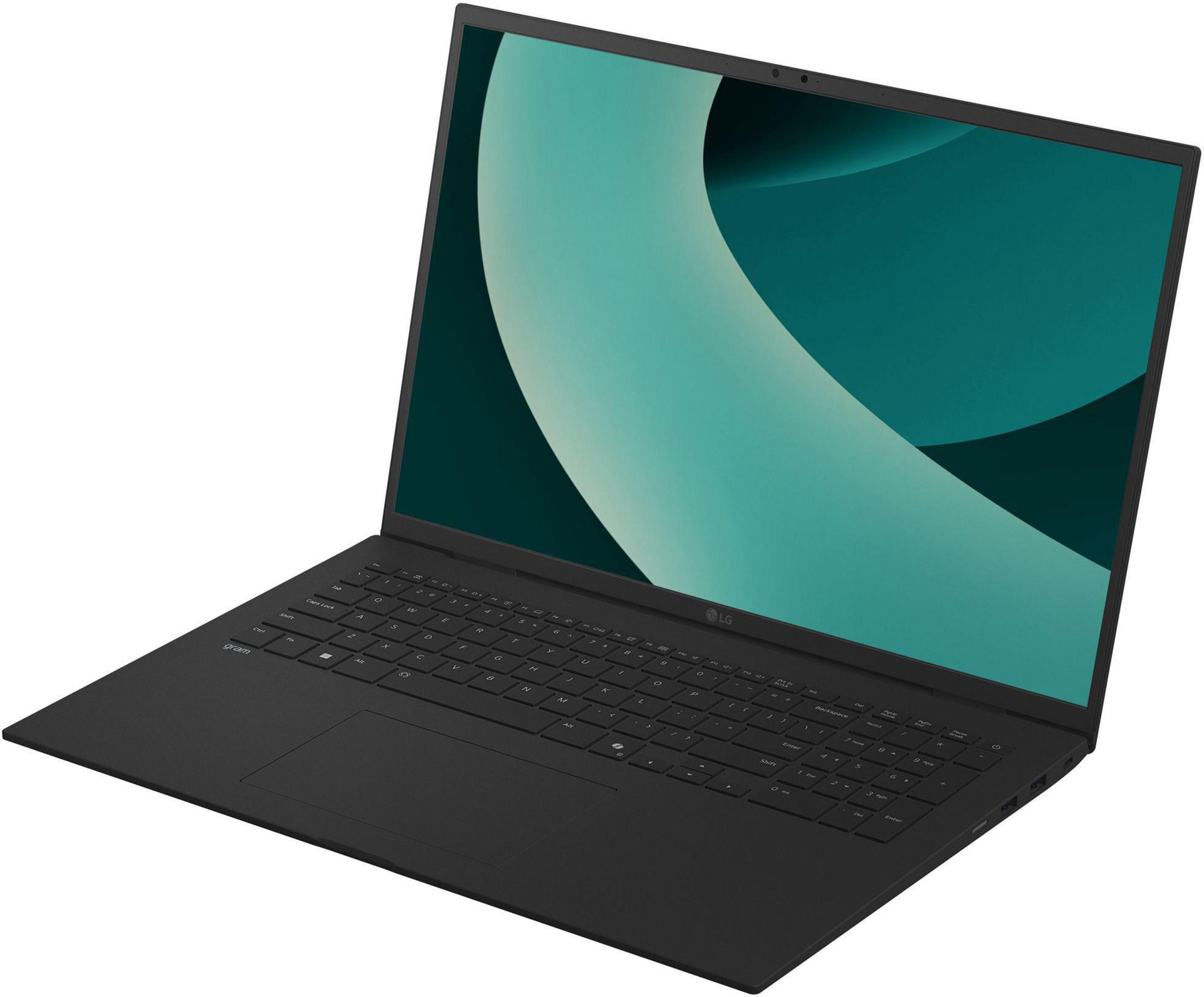 Schwarzer LG Gram Laptop geöffnet. Bildschirm zeigt teal abstrakte Form. Tastatur sichtbar. Weißer Hintergrund.