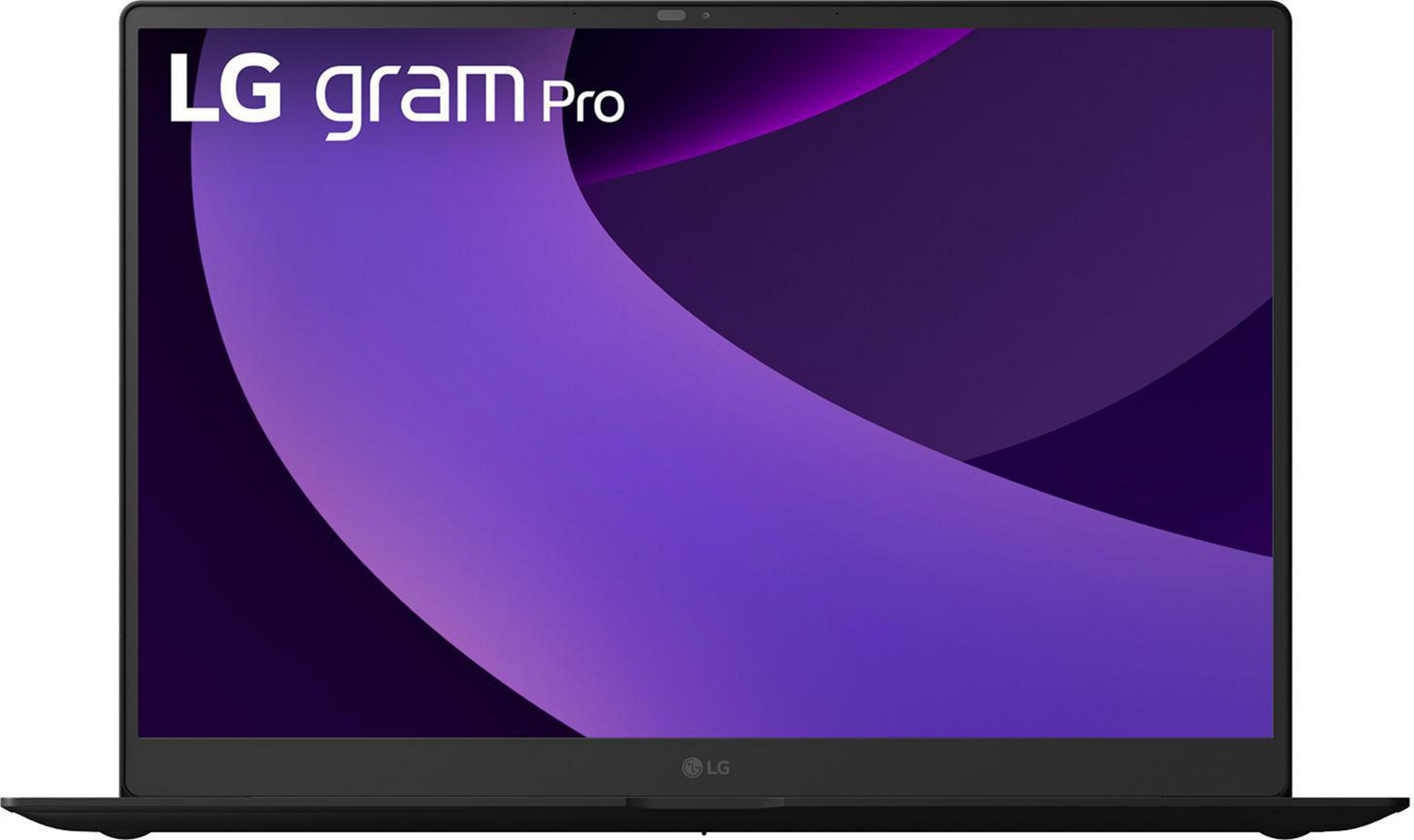 LG gram Pro Laptop. Bildschirm zeigt einen lila Farbverlauf. Das LG-Logo befindet sich unten. Der Laptop ist schwarz.