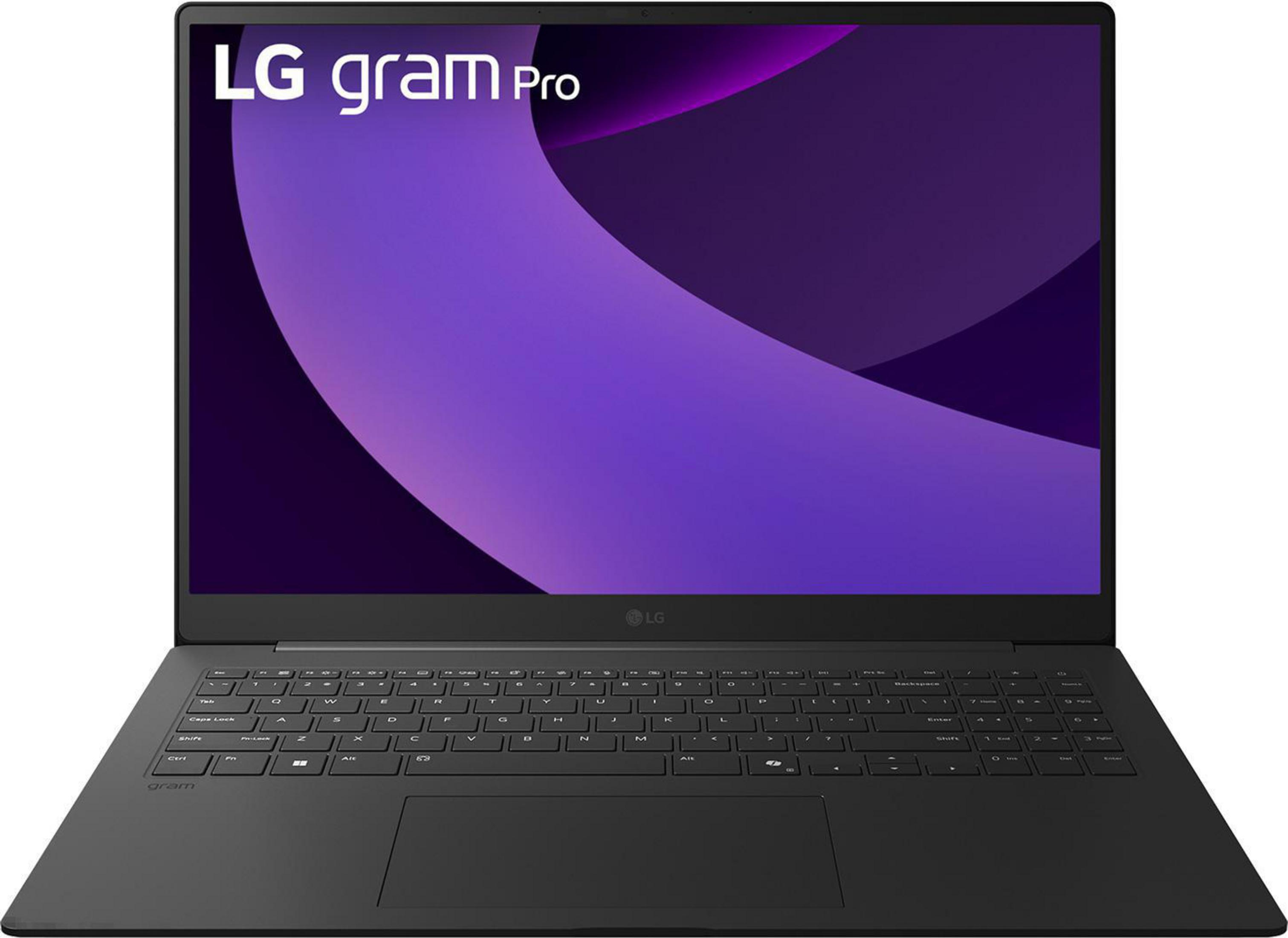 Schwarzer LG Gram Pro Laptop. Lila Bildschirm mit Logo. Tastatur sichtbar. Schwarzer Hintergrund.