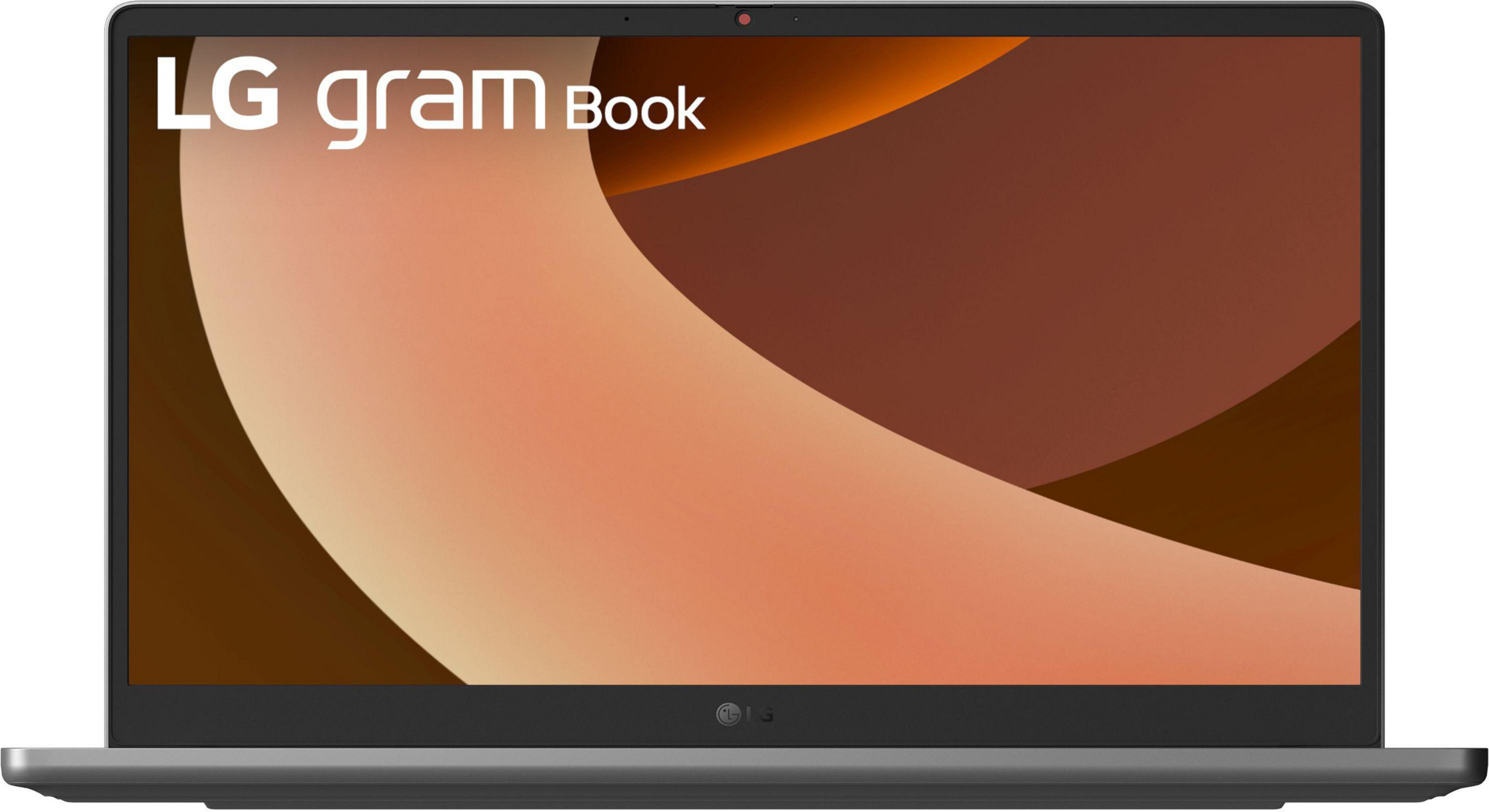 Pokazano laptop LG Gram Book z ekranem wyświetlającym abstrakcyjny wzór w kolorze brązowym i pomarańczowym. Laptop jest szary.