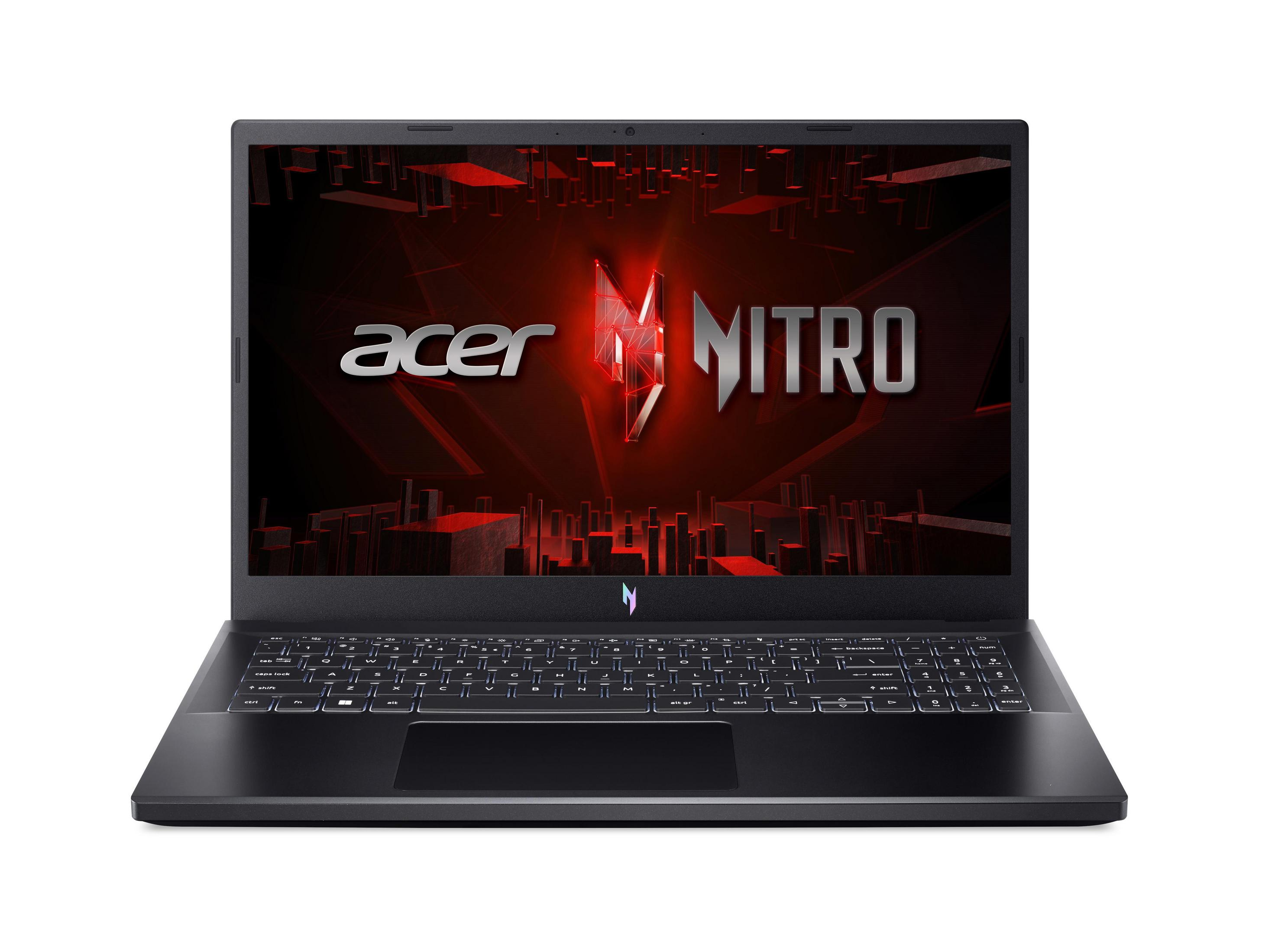 Schwarzer Acer Nitro Laptop mit leuchtendem Bildschirm, der das Acer-Logo und den Nitro-Text in Rot zeigt.
