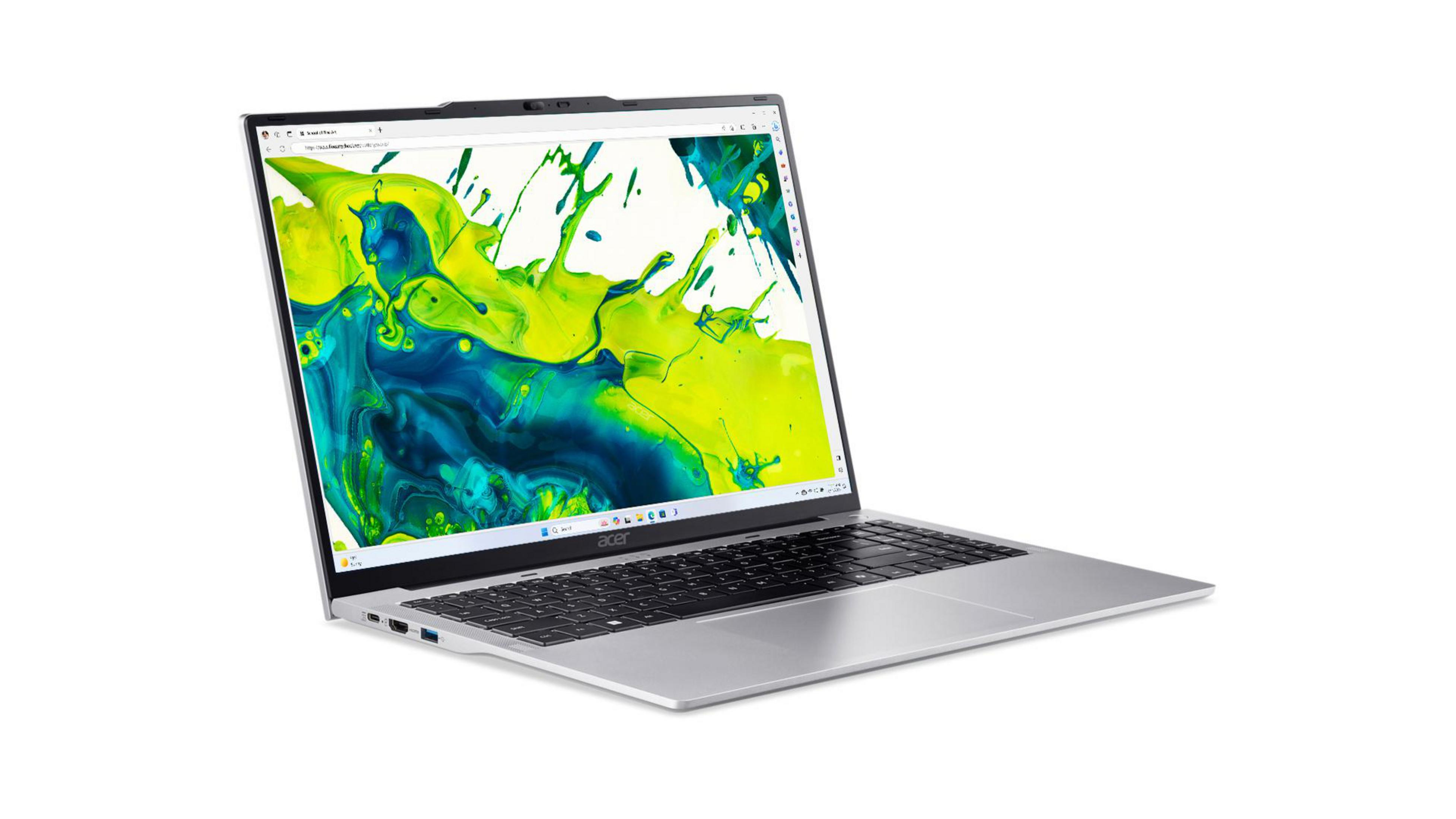 Silberner Laptop mit schwarzer Tastatur. Der Bildschirm zeigt ein farbenfrohes, abstraktes Design. Das Acer-Logo ist sichtbar.