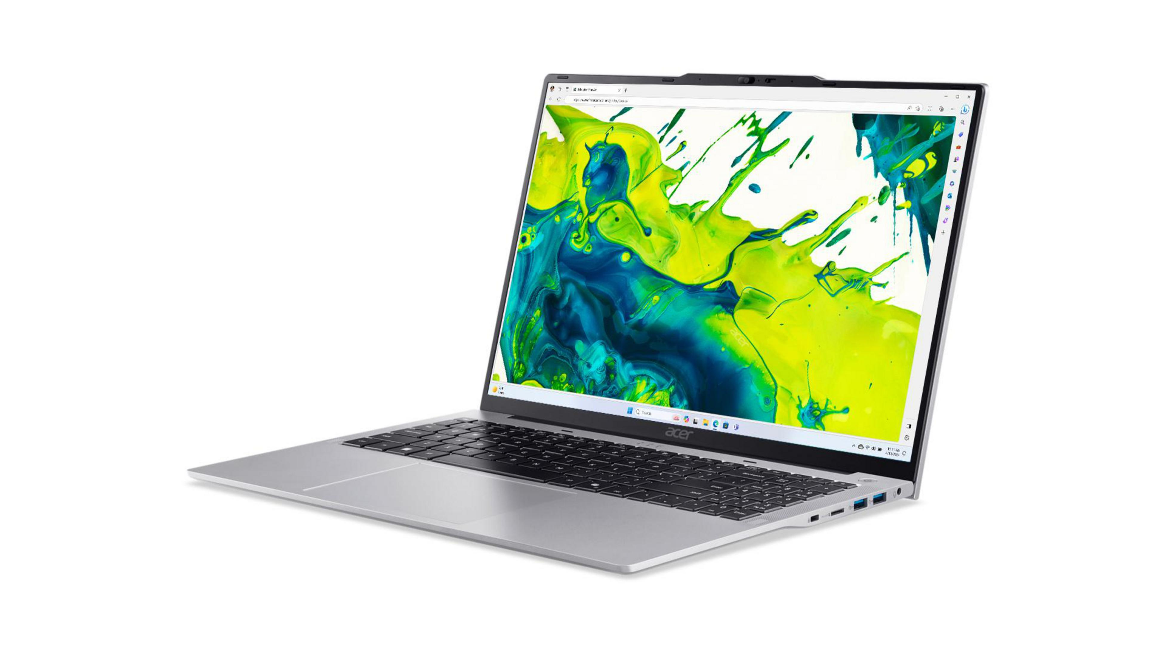 Ein silberner Laptop mit schwarzer Tastatur. Der Bildschirm zeigt ein farbenfrohes, abstraktes Design. Acer-Logo sichtbar.