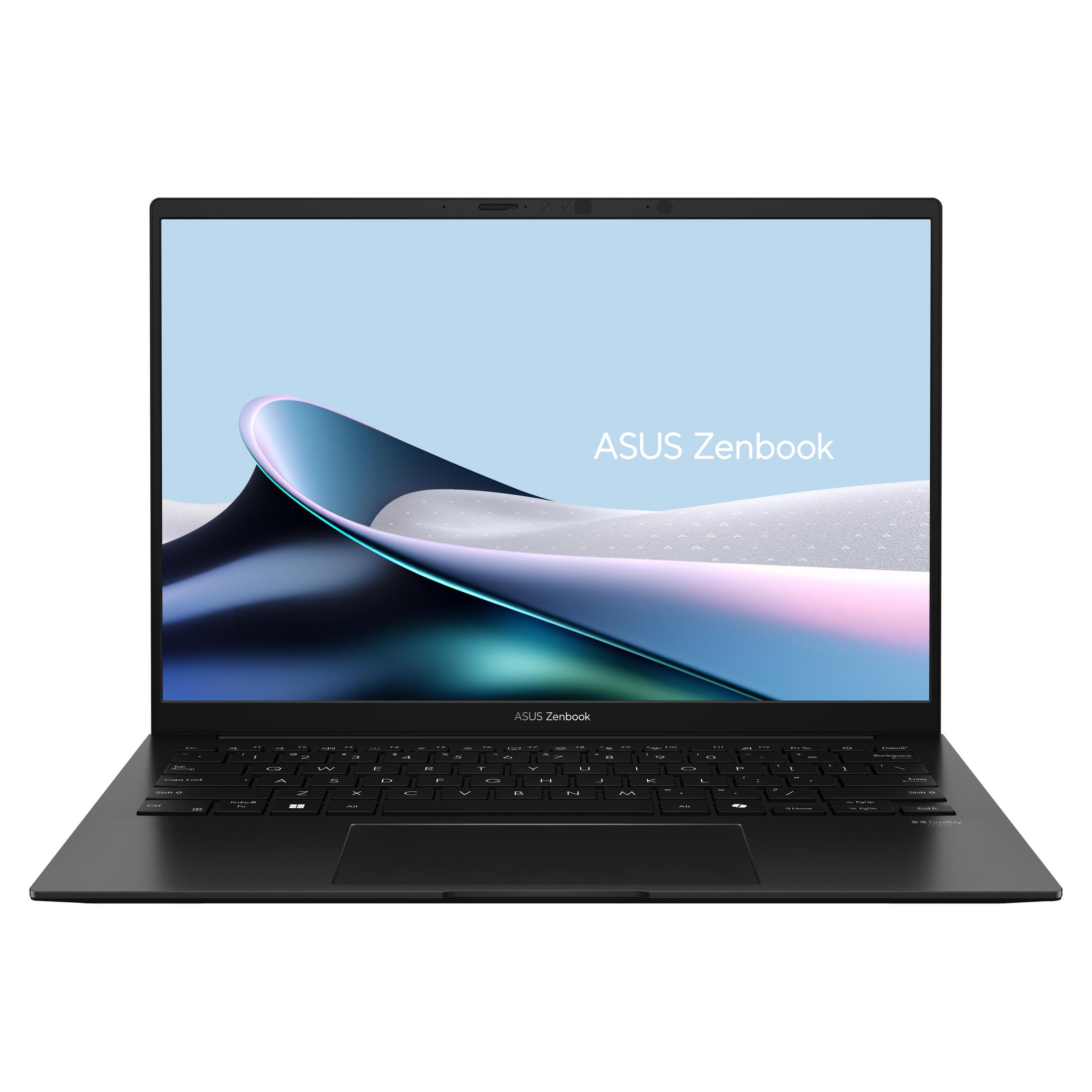 Ein schwarzes ASUS Zenbook-Laptop ist geöffnet. Der Bildschirm zeigt einen hellblauen Hintergrund und das ASUS Zenbook-Logo.