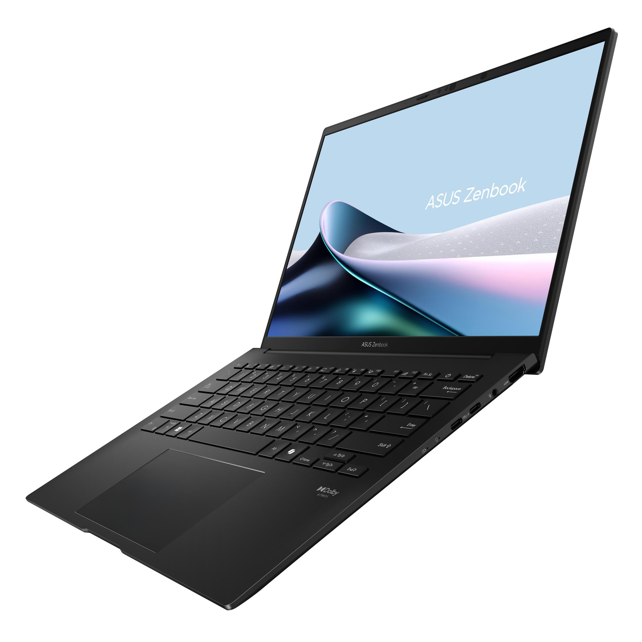Ein schwarzes ASUS Zenbook Laptop ist angewinkelt. Der Bildschirm zeigt ein blaues und weißes abstraktes Design. Die Tastatur ist schwarz.