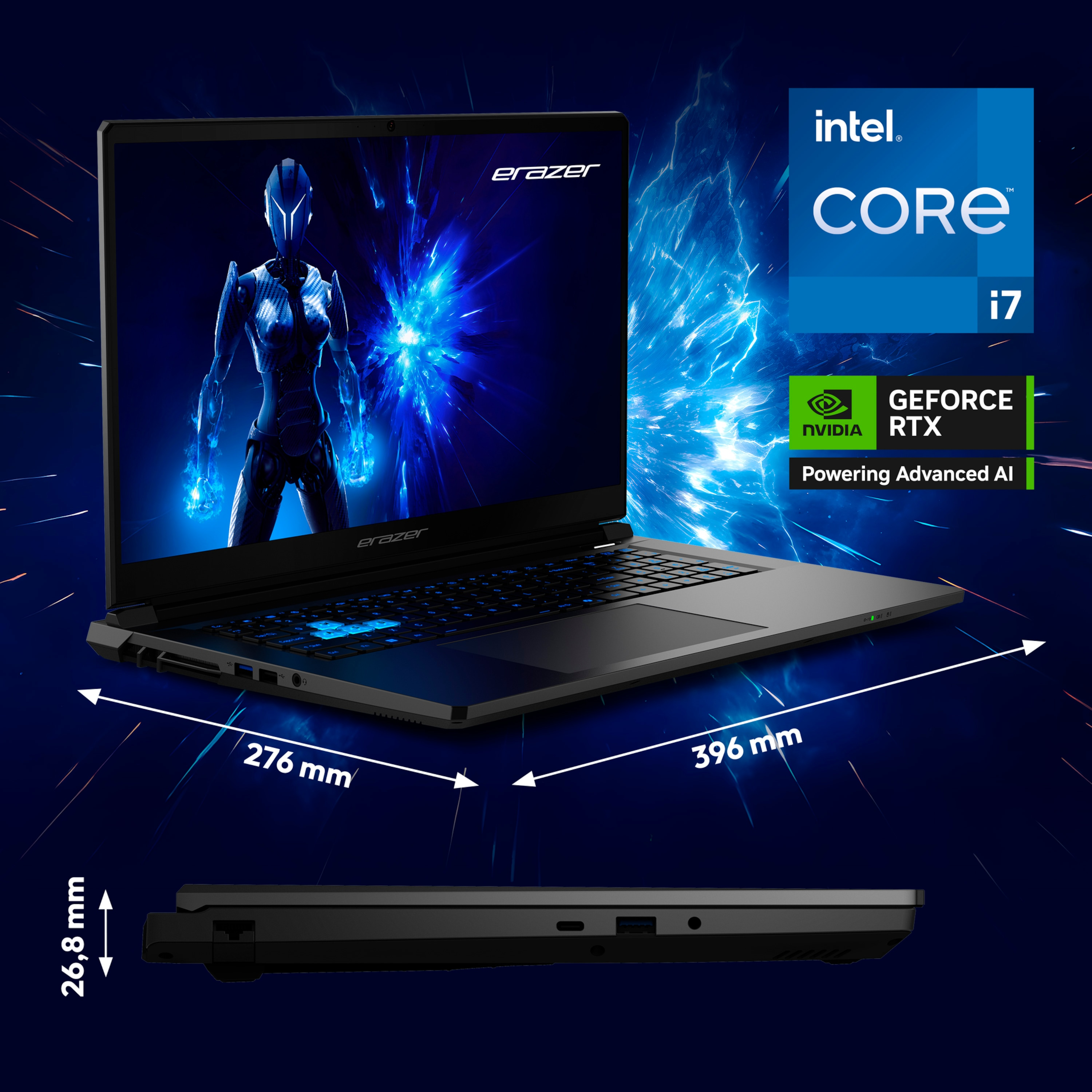Czarny laptop z podświetlanym ekranem, Intel Core i7 i grafiką Nvidia RTX. Wymiary są pokazane.