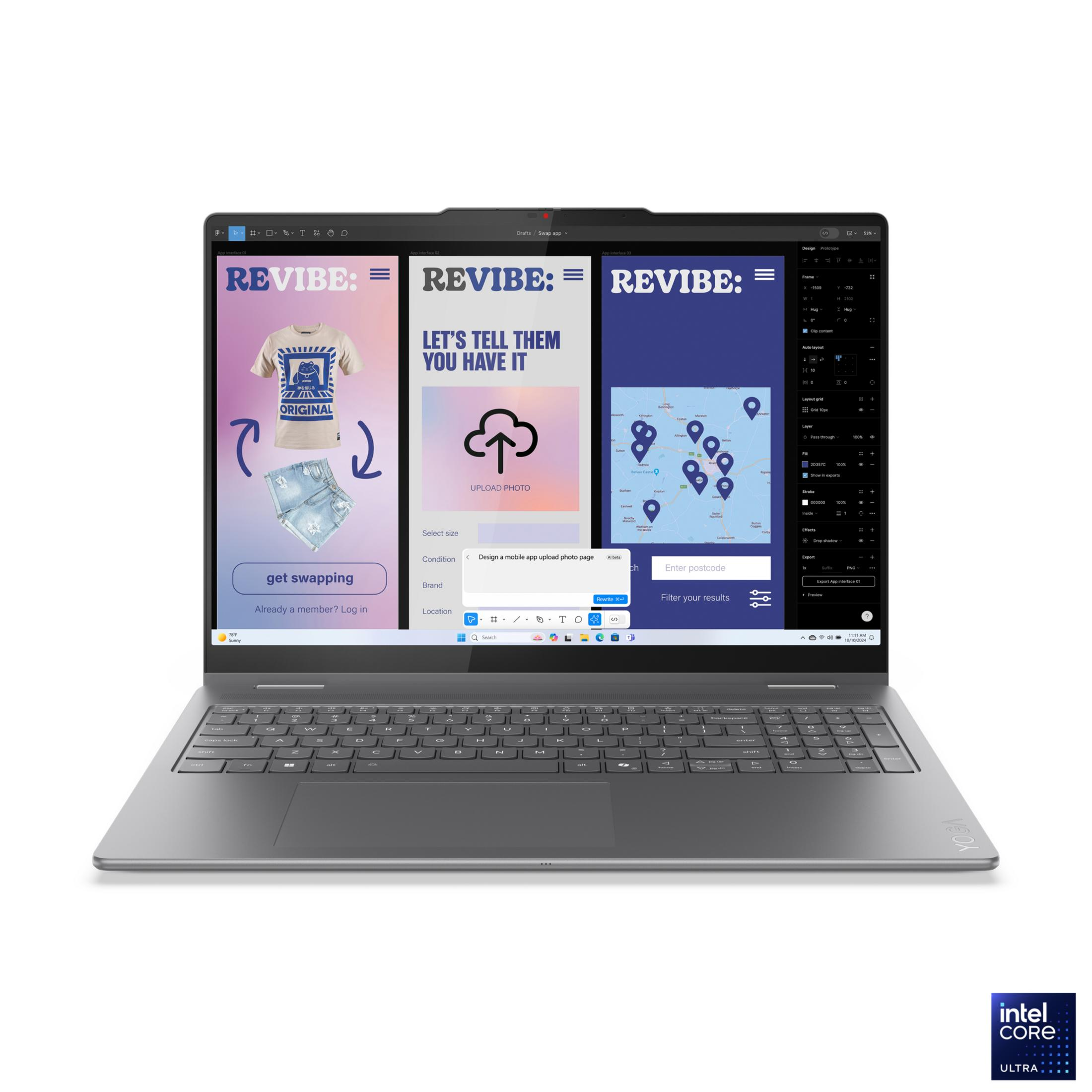 Laptop z interfejsem aplikacji do projektowania z funkcją wymiany ubrań. Zawiera przesyłanie zdjęć, mapę i filtry.