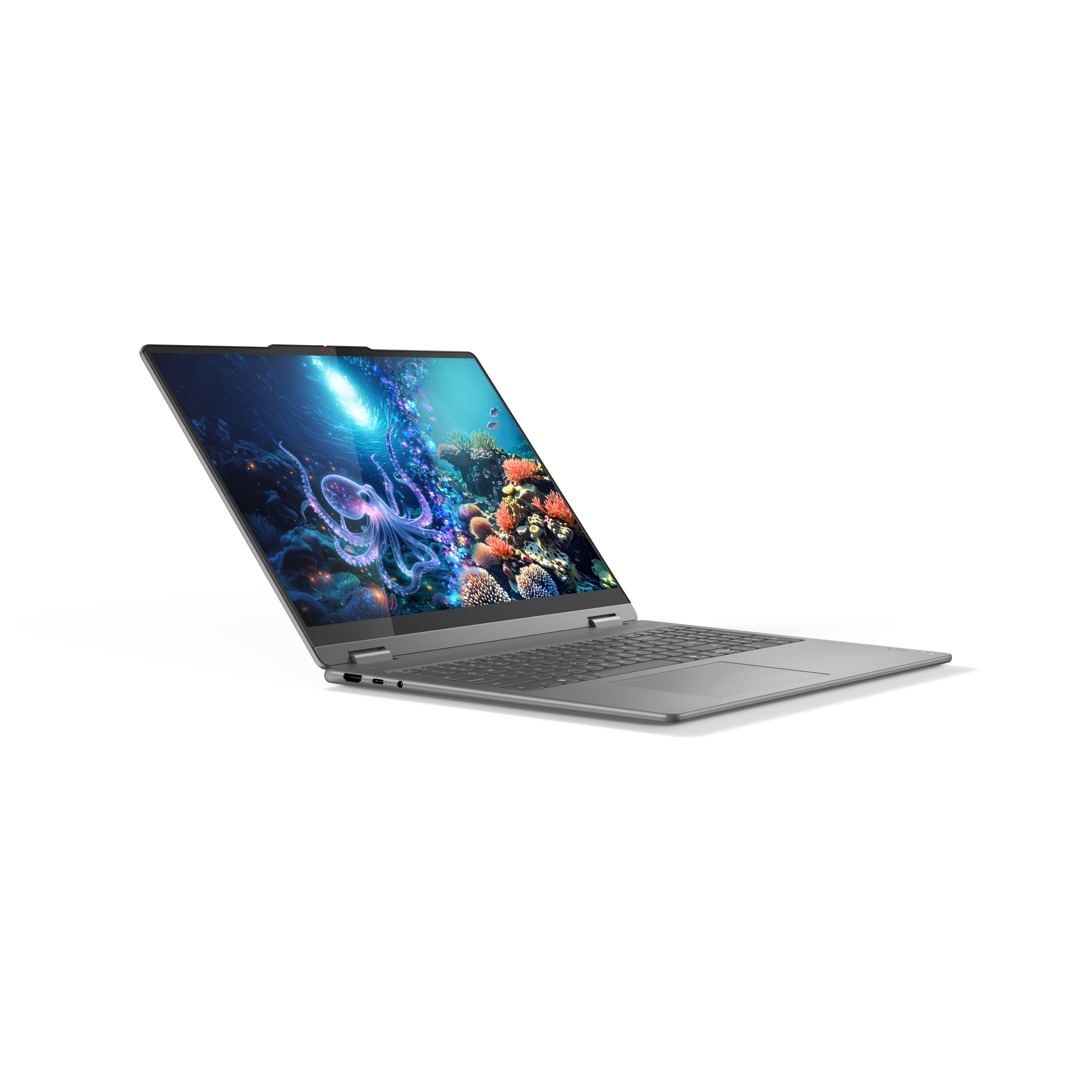 Szary laptop z otwartym ekranem, pokazującym podwodną scenę z ośmiornicą.