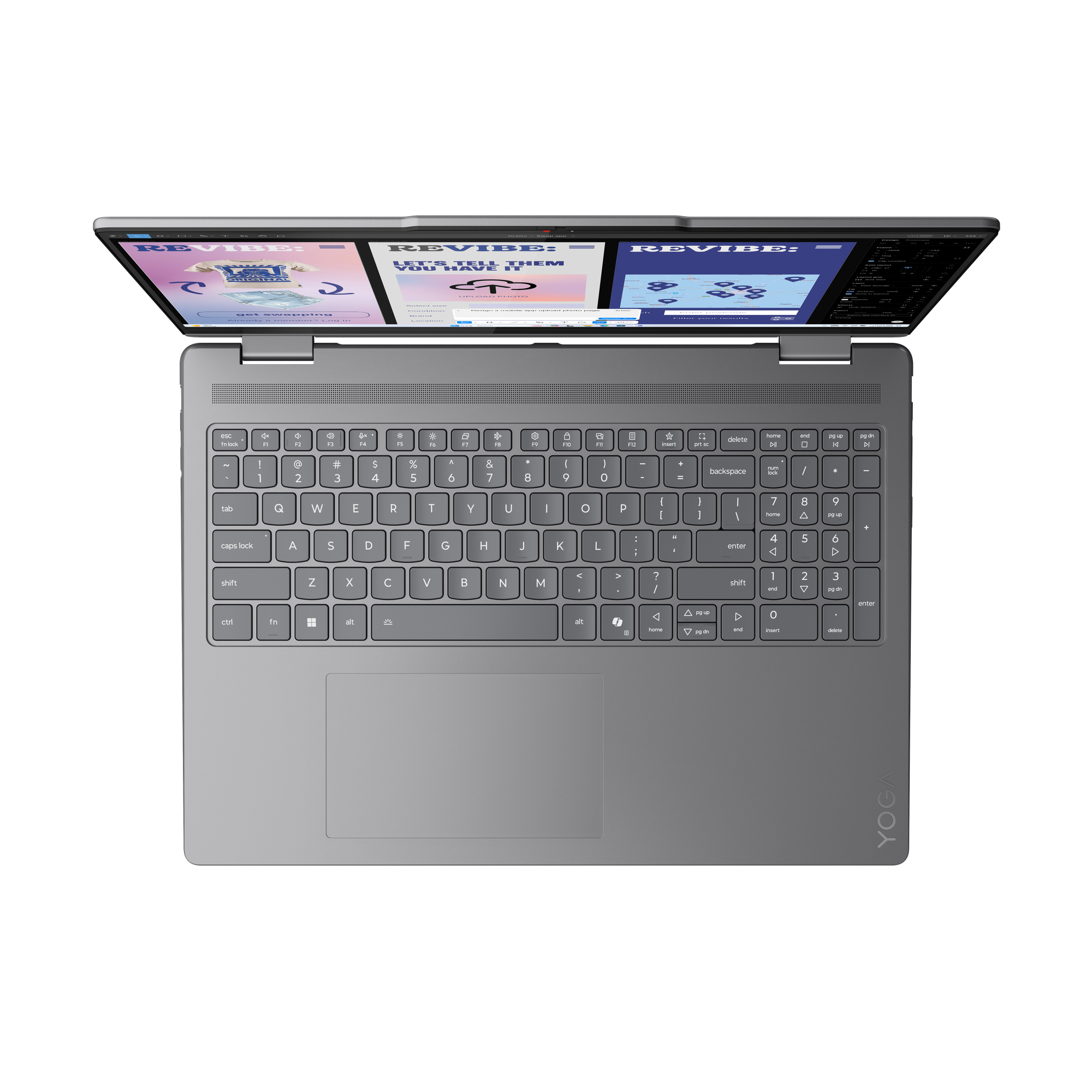 Szary laptop jest otwarty, wyświetlając stronę internetową ze słowem 'REVIBE' na ekranie i klawiaturą poniżej.