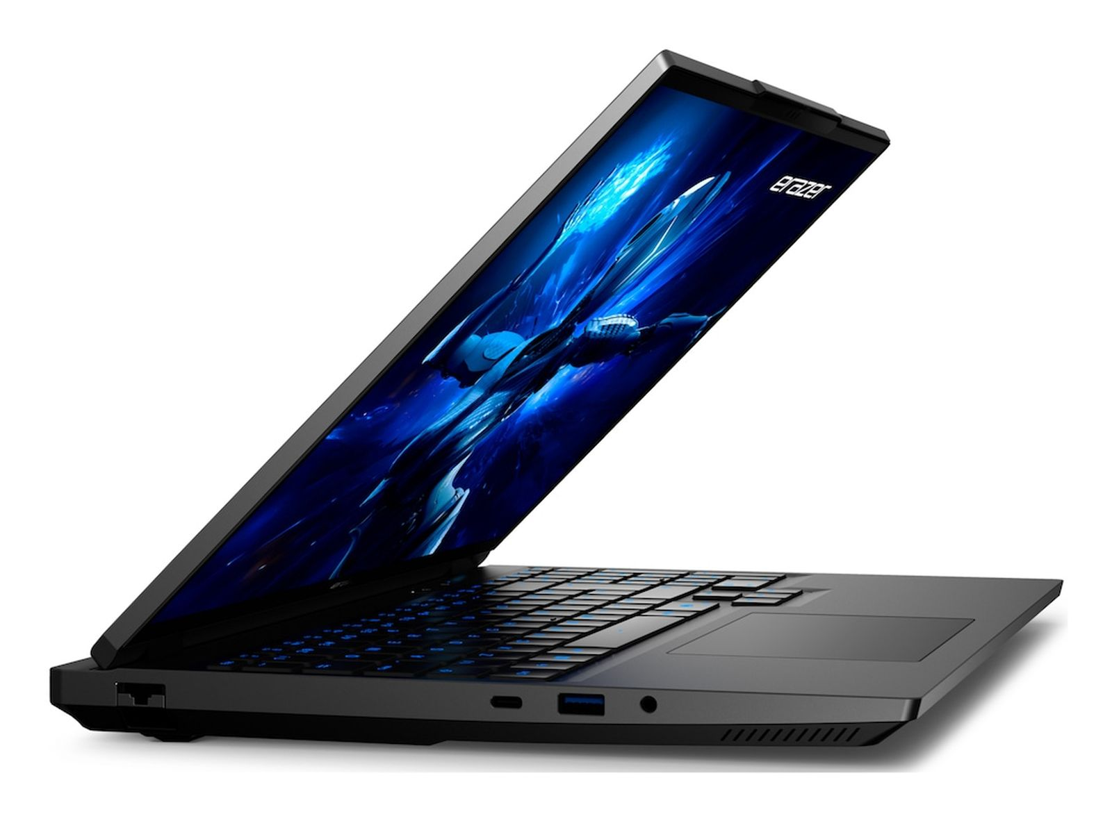 Schwarzer Laptop, teilweise geöffnet, zeigt eine blau-weiße Grafik auf dem Bildschirm. Die Tastatur ist sichtbar.