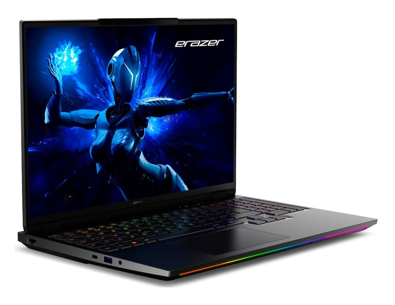 Ein schwarzer Laptop zeigt eine futuristische Figur mit blau leuchtender Energie. Der Laptop hat eine farbenfrohe Tastatur und ein elegantes Design.
